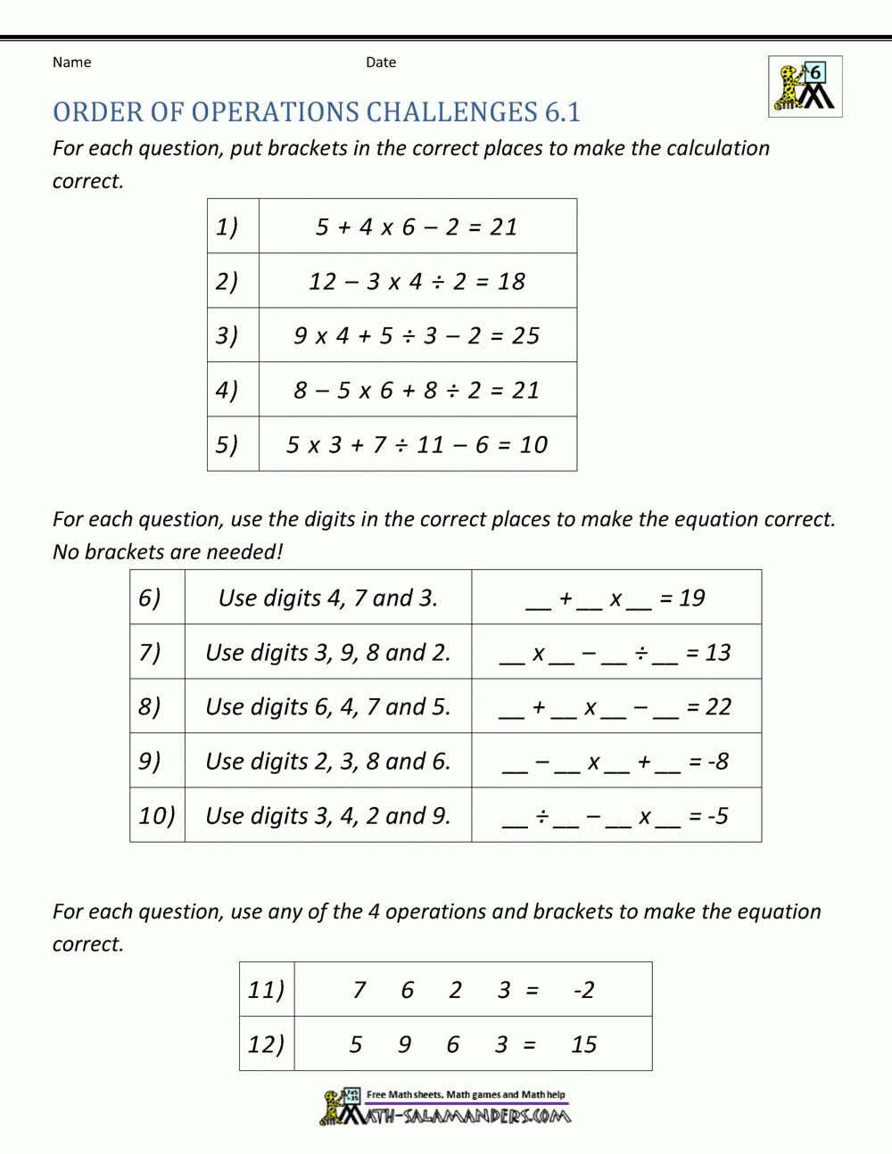 6Th Grade Order Of Operations Worksheets within Order of Operations Free Printable Worksheets With Answers