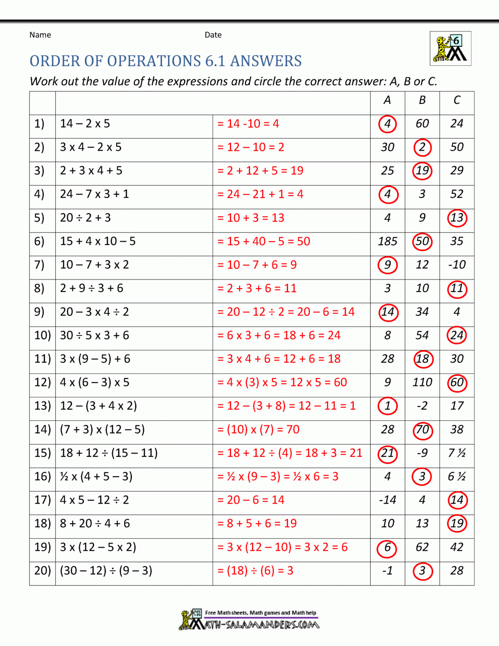 6Th Grade Order Of Operations Worksheets within Order of Operations Free Printable Worksheets With Answers