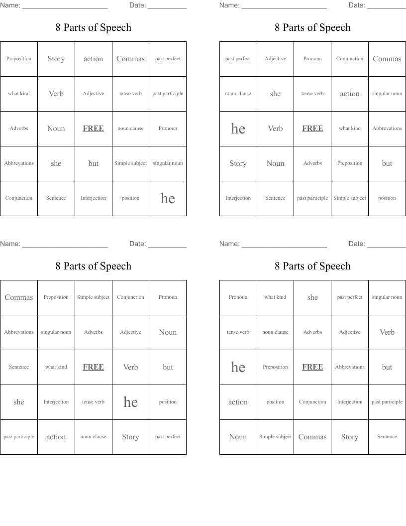 8 Parts Of Speech Bingo Cards - Wordmint with Free Printable Parts of Speech Bingo