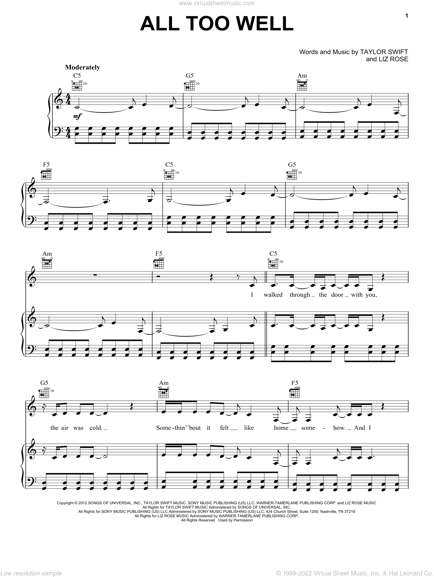 All Too Well Sheet Music For Voice, Piano Or Guitar (Pdf) pertaining to Taylor Swift Mine Piano Sheet Music Free Printable