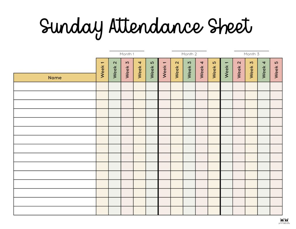 Attendance Sheets - 52 Free Printables | Printabulls inside Sunday School Attendance Chart Free Printable