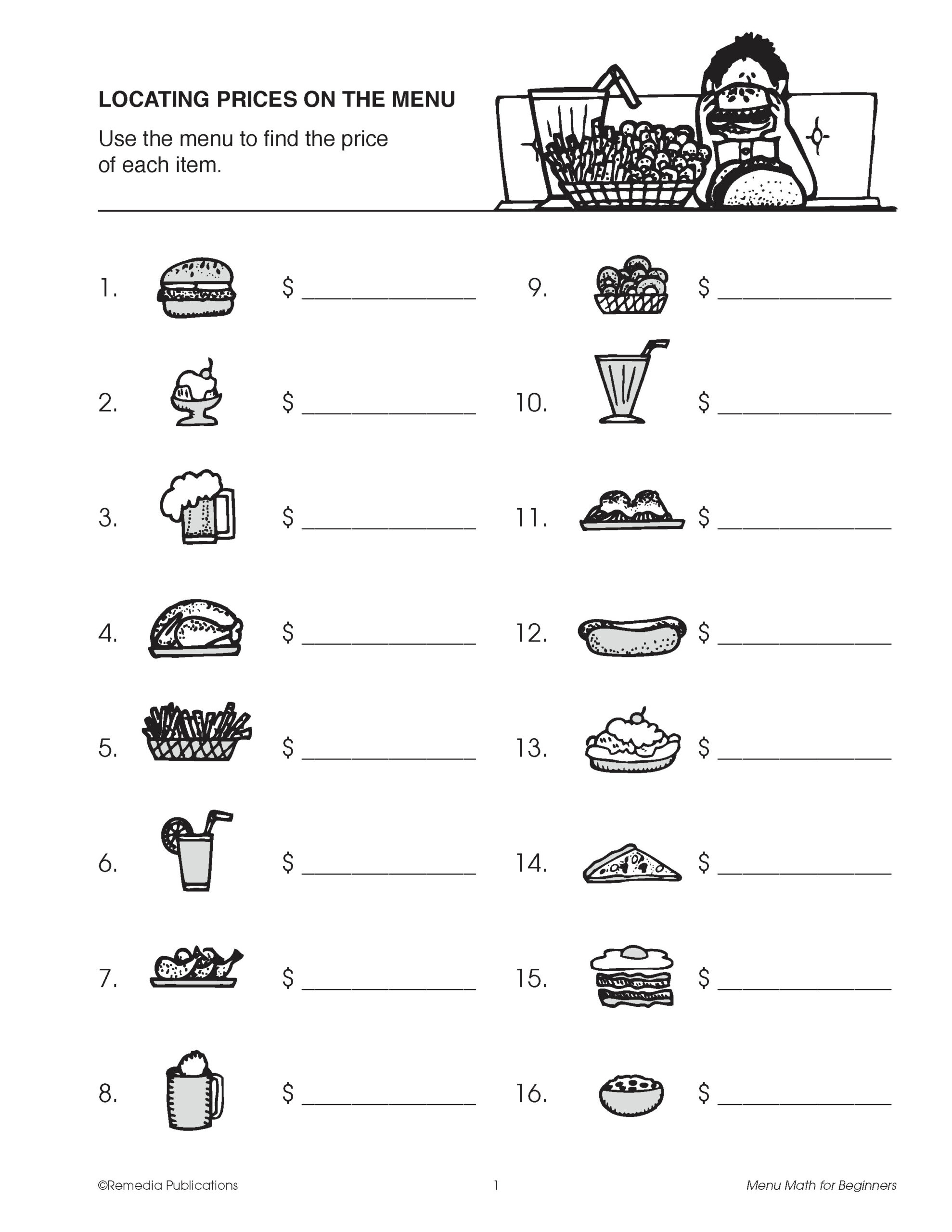 Beginning Menu Math: Addition, Subtraction, Multiplication within Free Printable Menu Math Worksheets