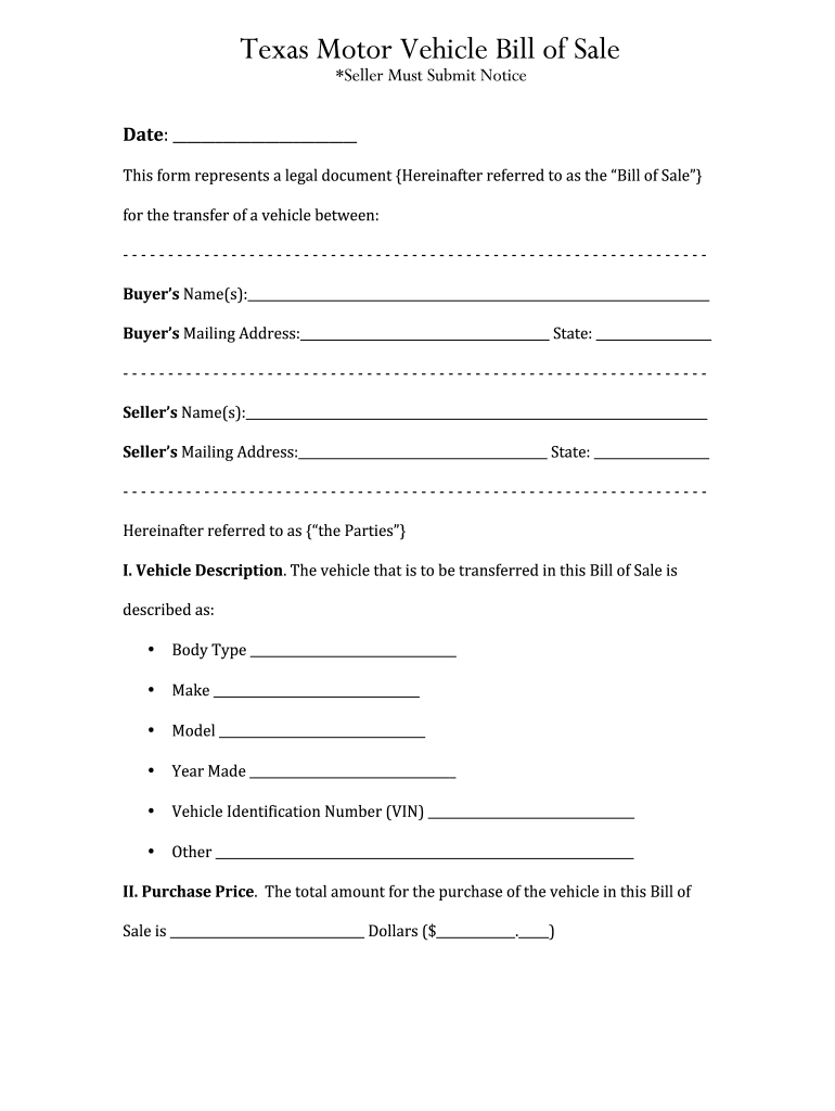 Bill Of Sale Texas - Fill Online, Printable, Fillable, Blank intended for Free Printable Texas Bill of Sale Form