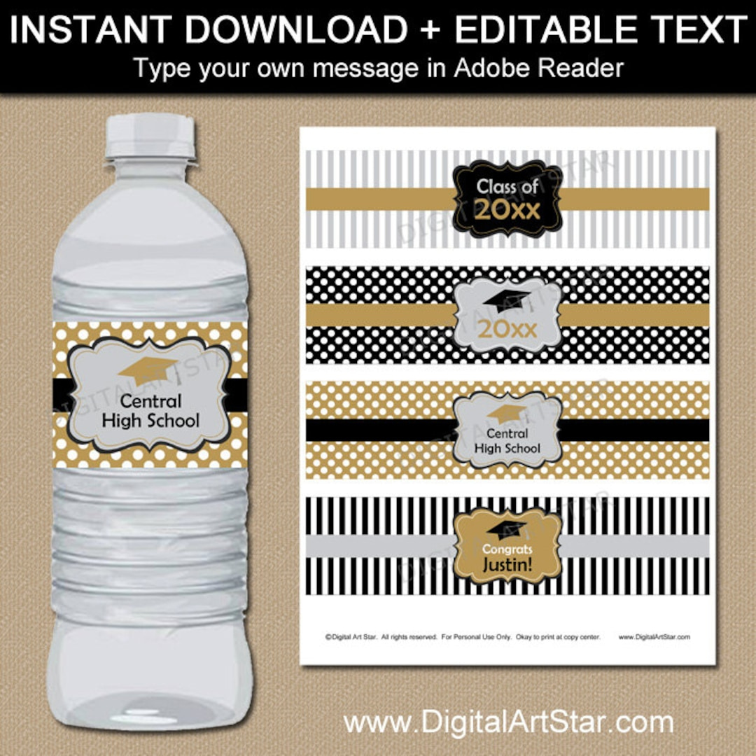 Black Gold Silver Graduation Water Bottle Labels, Printable Party pertaining to Free Printable Water Bottle Labels Graduation