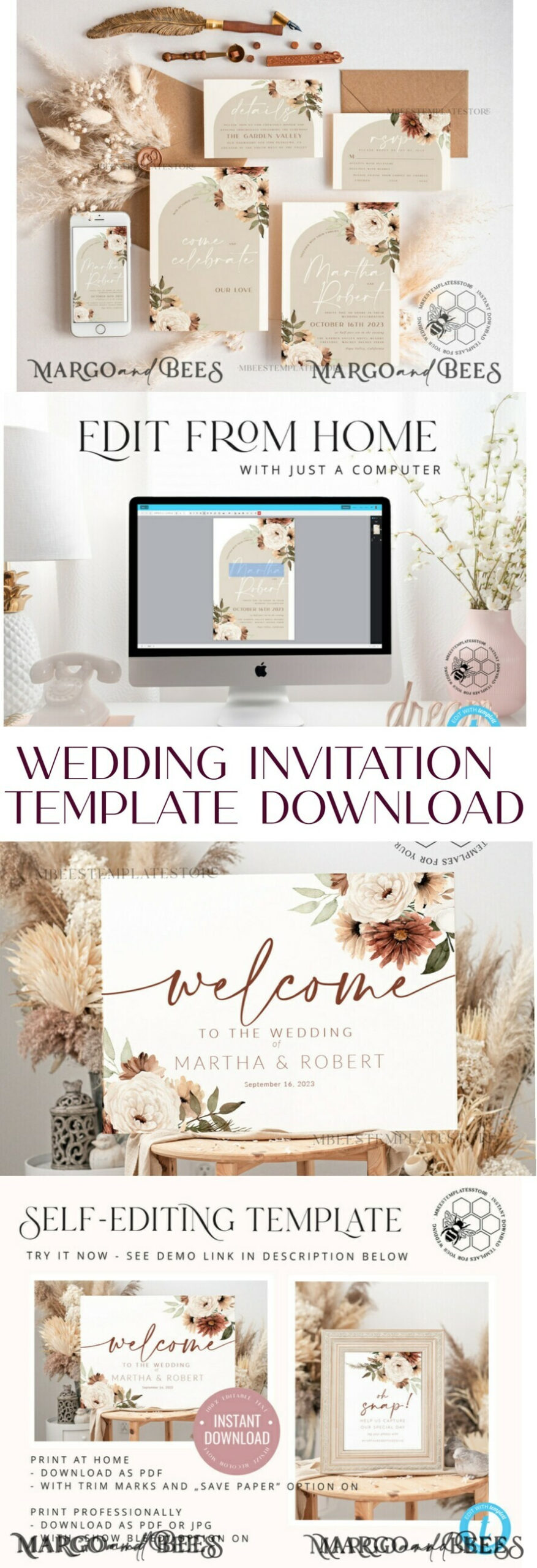 Boho Ivory Wedding Invitations Set Template, Instant Download Printable Invites Home Printing, Simple Boho Wedding Invitation Card Set 38/Boho10/Z regarding Free Printable Postcard Invitations Template