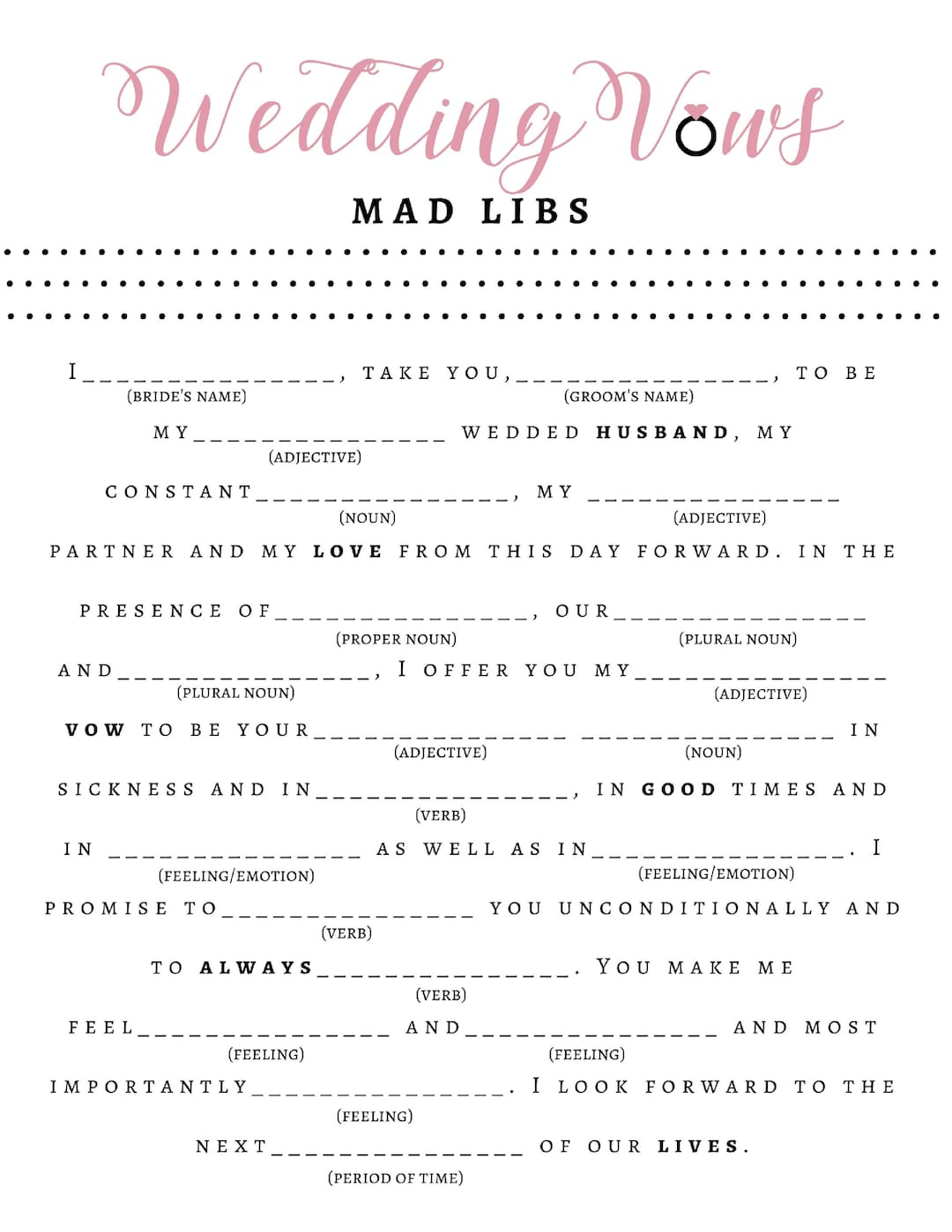 Bridal Shower Game Wedding Vow Mad Libs Bride Groom - Etsy Australia in Free Printable Wedding Mad Libs