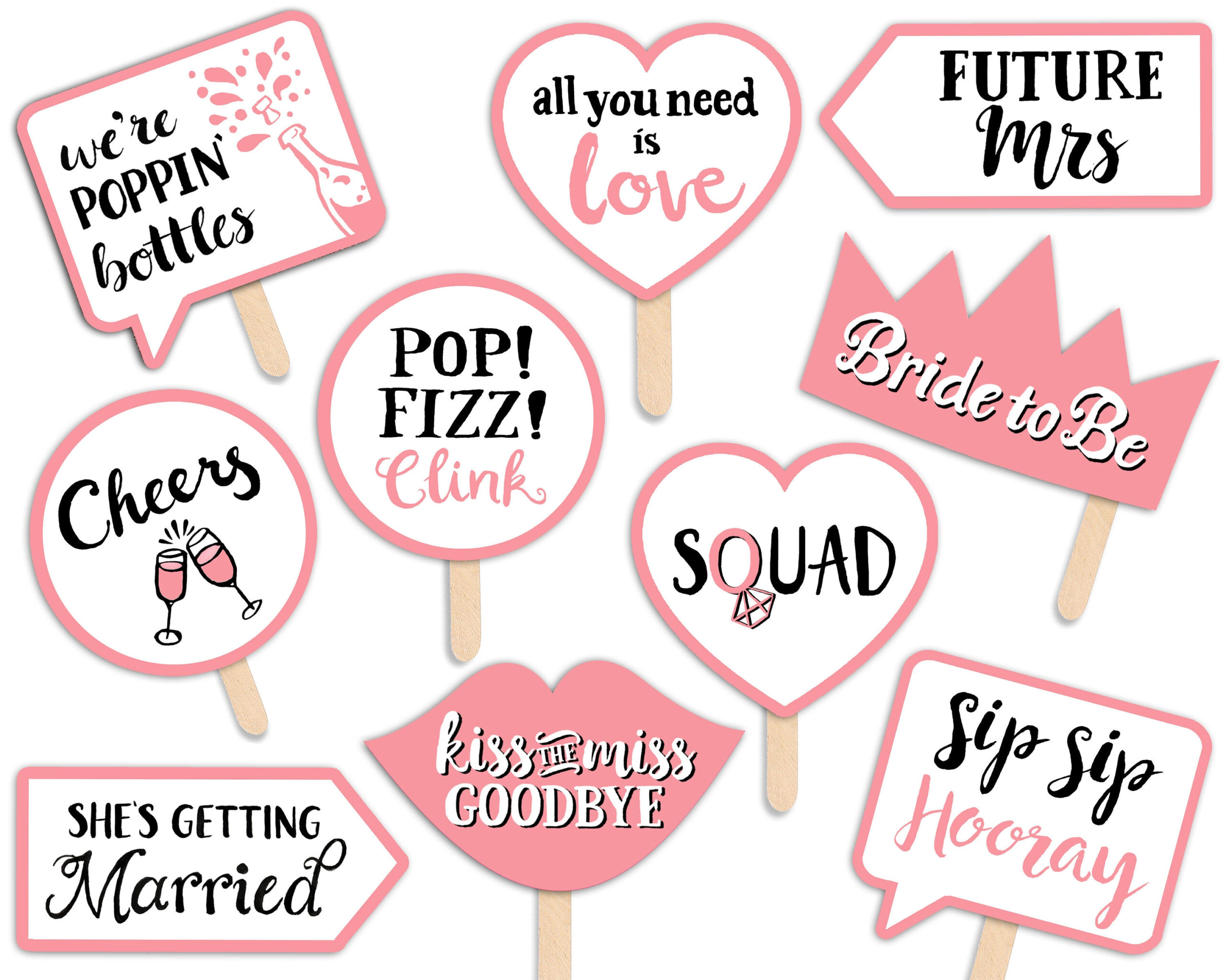 Bridal Shower Printable Photo Booth Props - Pink And White - 10 Hand Painted Signs - Bachelorette Hen Party in Free Printable Photo Booth Props Bridal Shower