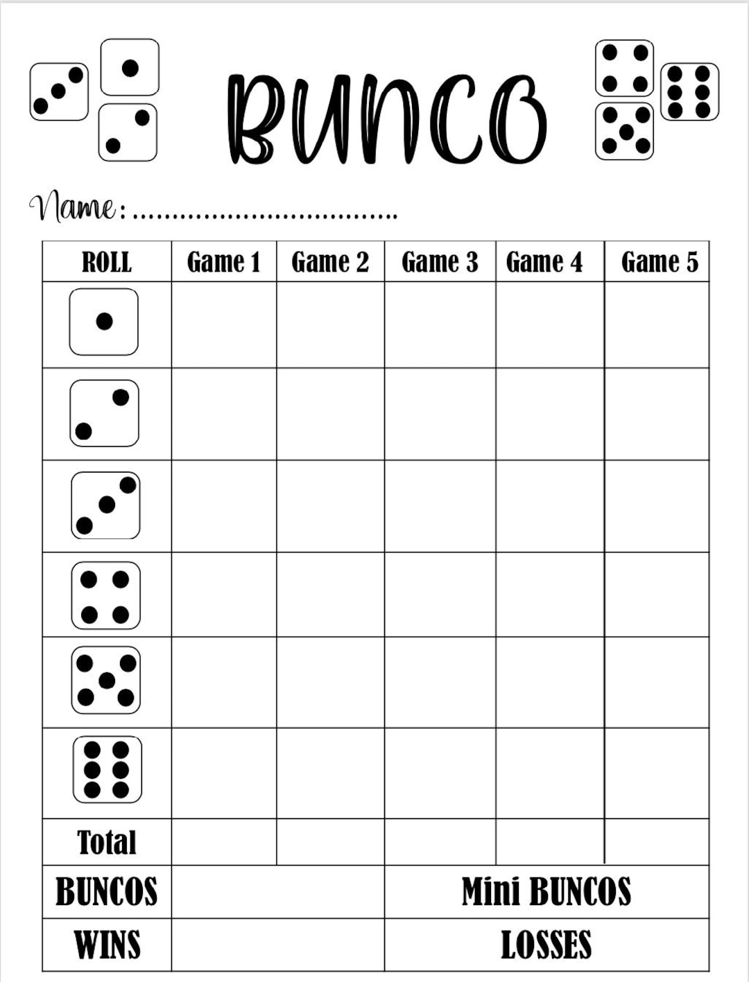 Bunco Score Card Bunco Scoresheet Bunco Score Pads Printable File for Printable Bunco Score Cards Free