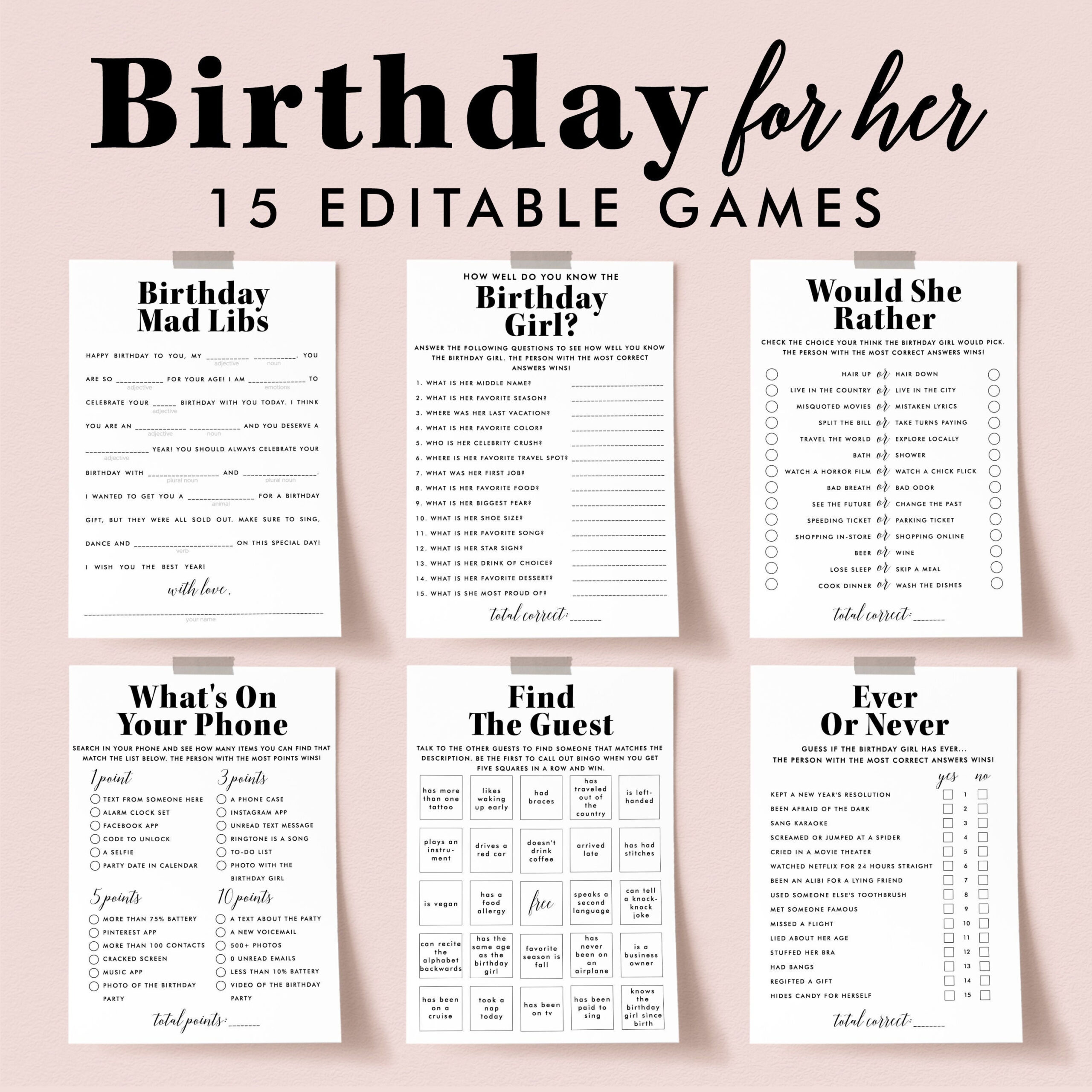 Buy Modern Birthday Games For Her Minimalist Bday Party Activity for Free Printable Women&amp;#039;S Party Games