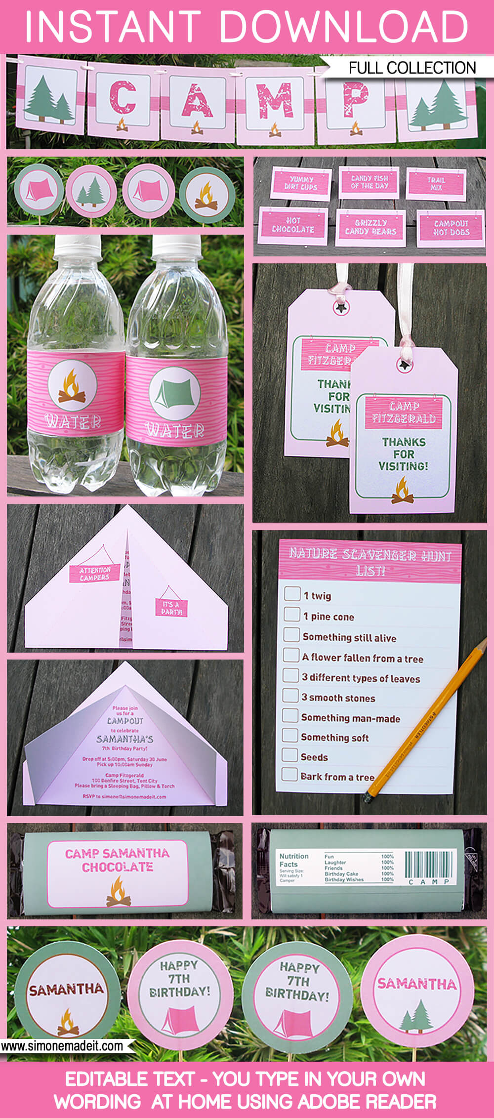 Camping Party Printables, Invitations &amp;amp; Decorations - Pink with Simone Made It Free Printables