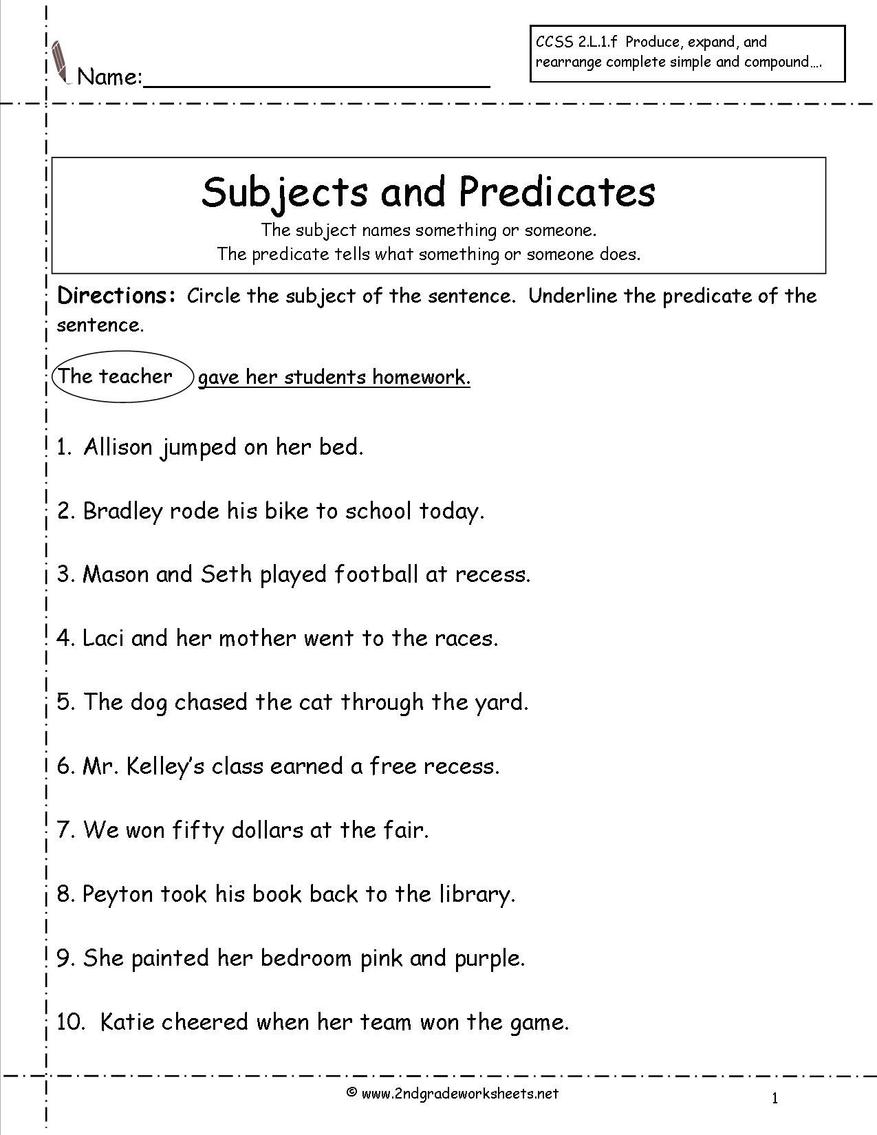 Complete Subject And Predicate Worksheets For Second Grade with regard to Free Printable Subject Predicate Worksheets 2nd Grade