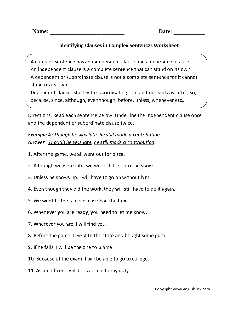 Complex Sentences Worksheets | Identifying Clauses In Complex throughout Free Printable Worksheets On Simple Compound And Complex Sentences