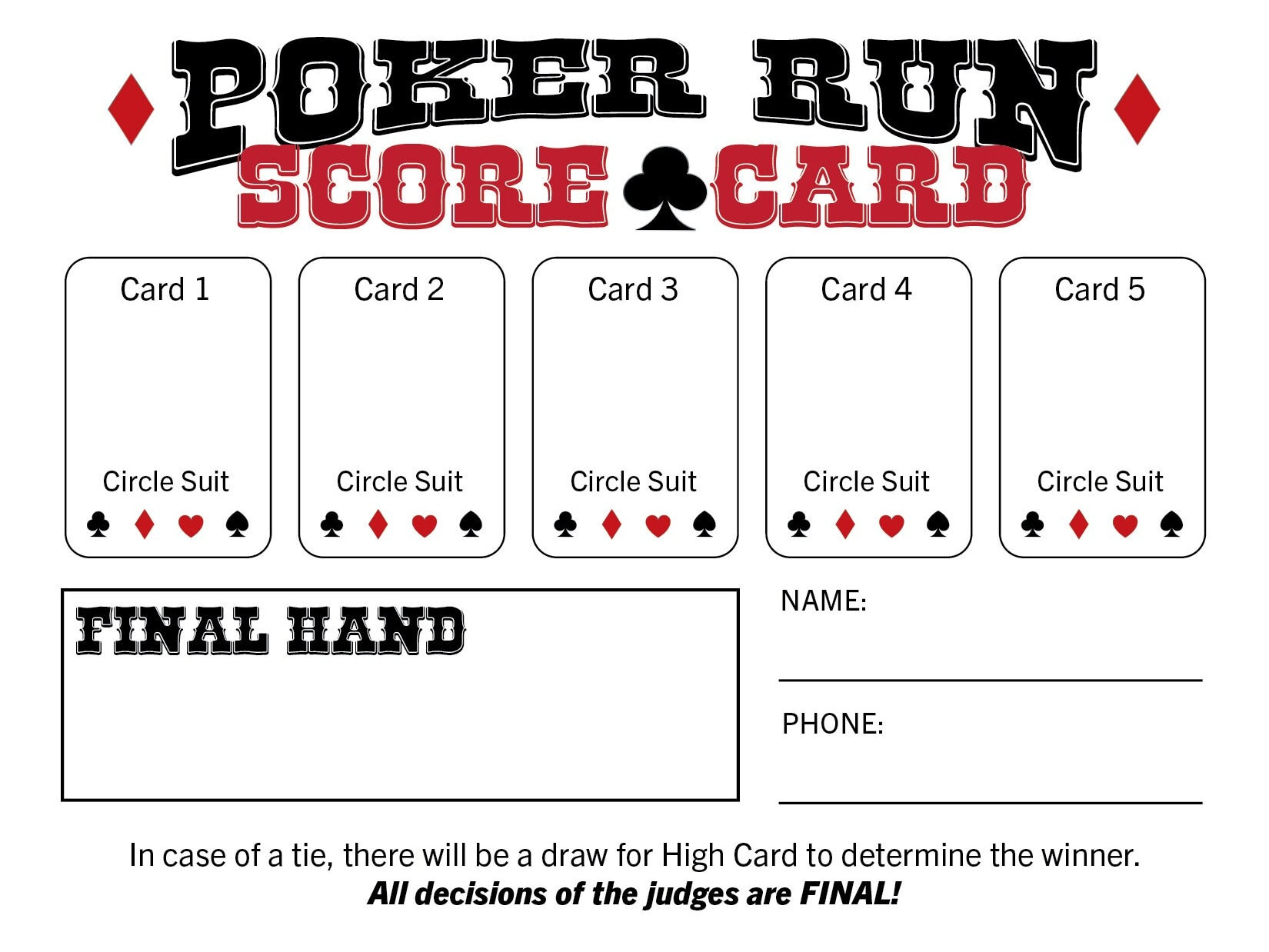 Custom Poker Run Score Cards - Etsy for Free Printable Poker Run Sheets