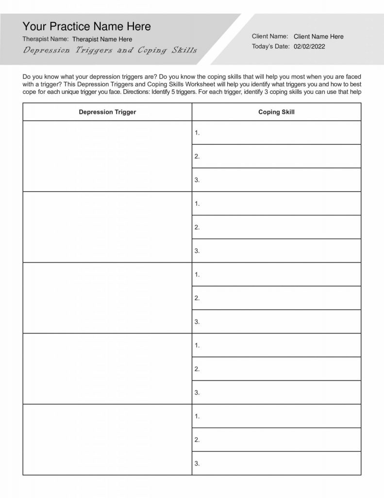 Depression Triggers And Coping Skills Worksheet (Editable with Free Printable Worksheets On Depression