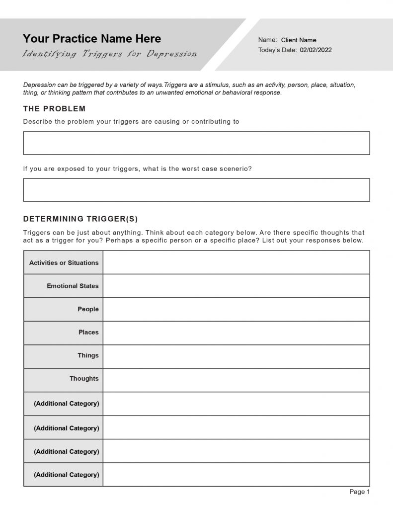 Depression Triggers Worksheet (Editable, Fillable, Printable Pdf) for Free Printable Worksheets On Depression