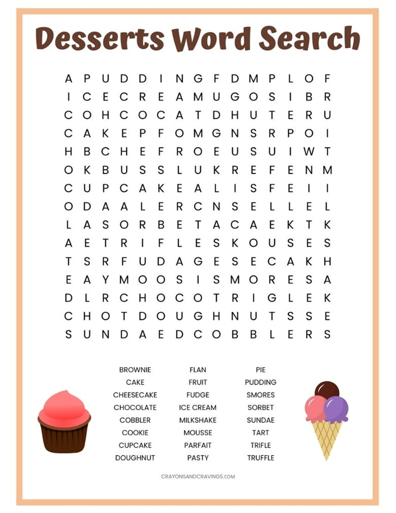 Desserts Word Search - Free Printable Worksheet regarding Word Search Free Printables for Kids