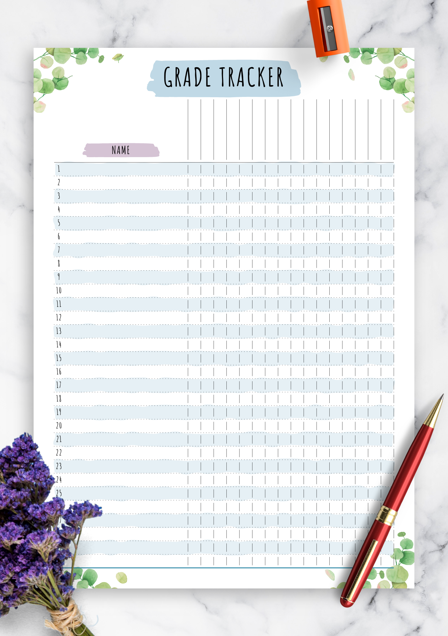 Download Printable Gradebook Template - Floral Style Pdf within Free Printable Gradebook