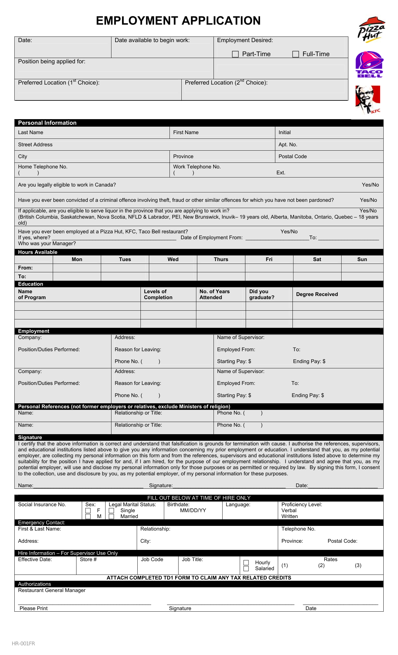 Download Taco Bell Job Application Form – Careers | Pdf inside Free Printable Taco Bell Application