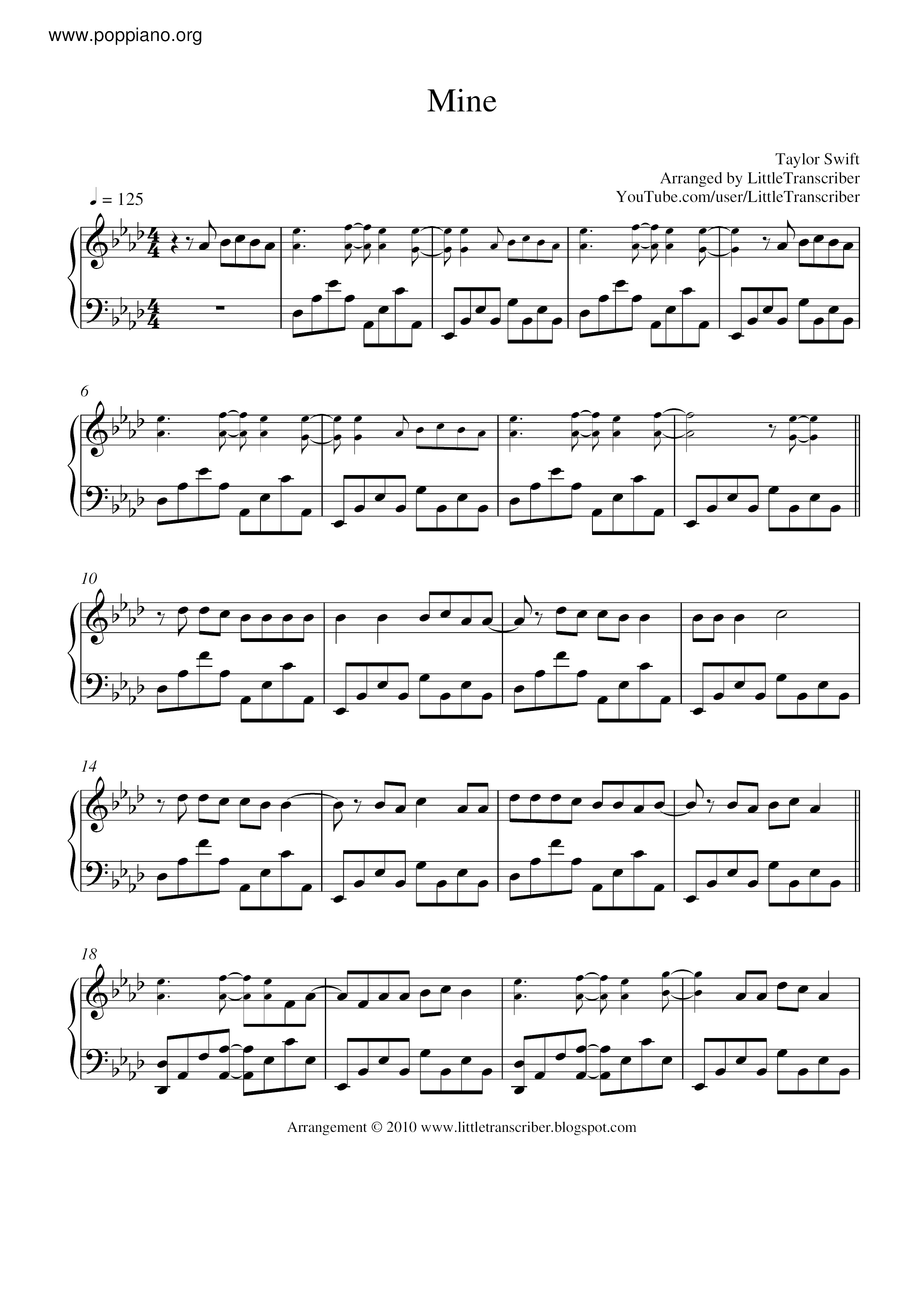 ☆ Taylor Swift-Mine Sheet Music Pdf, - Free Score Download ☆ pertaining to Taylor Swift Mine Piano Sheet Music Free Printable