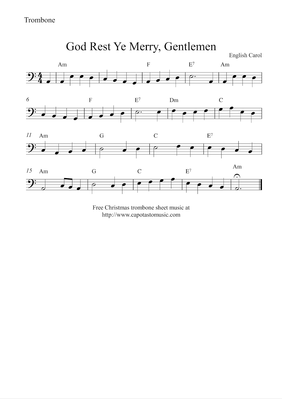 Easy Sheet Music For Beginners: Free Easy Christmas Trombone Sheet intended for Trombone Christmas Sheet Music Free Printable