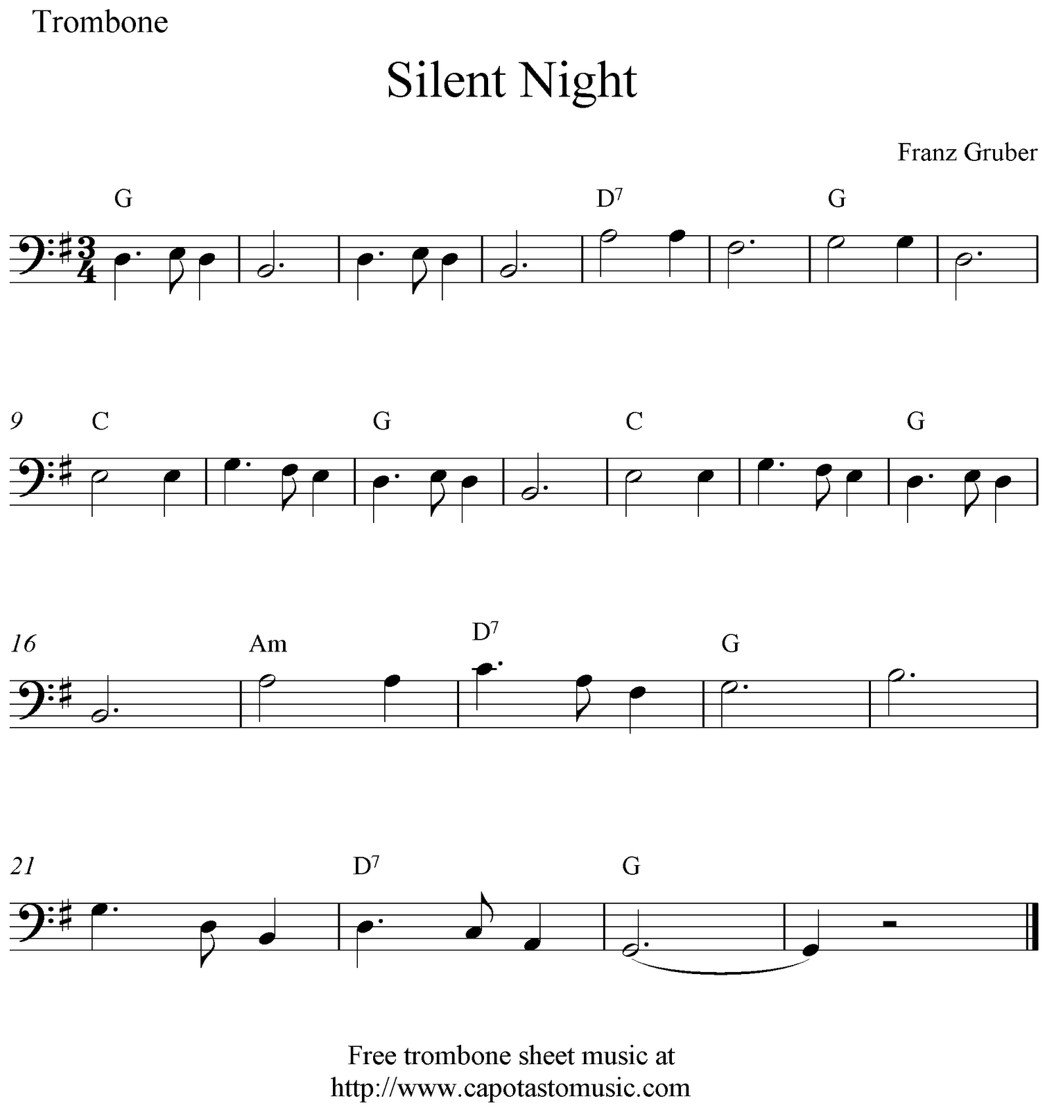 Easy Sheet Music For Beginners: Silent Night, Free Christmas pertaining to Trombone Christmas Sheet Music Free Printable