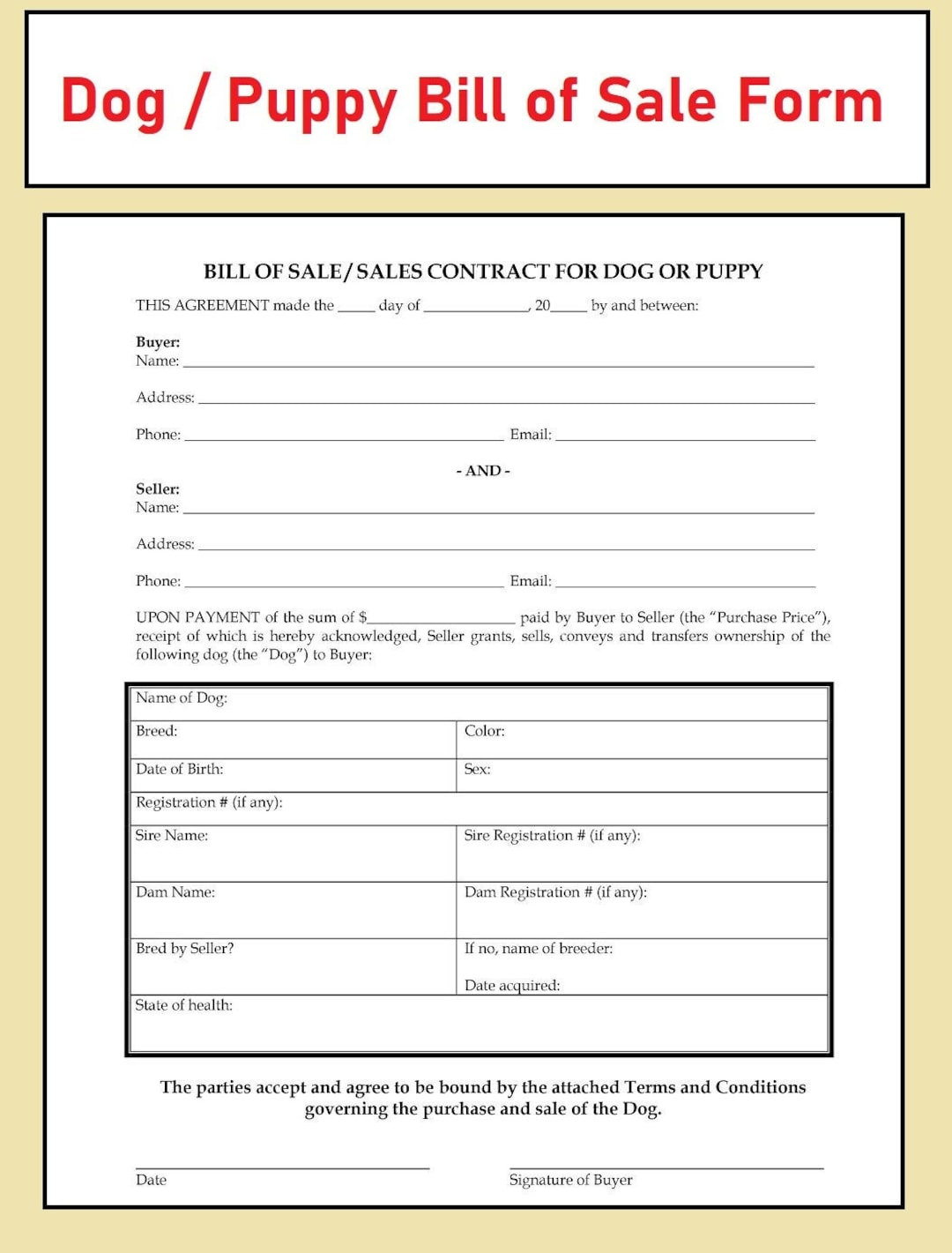 Editable Pdf File Dog/Puppy Bill Of Sale Puppy For Sale Form Pup in Free Printable Puppy Sales Contract