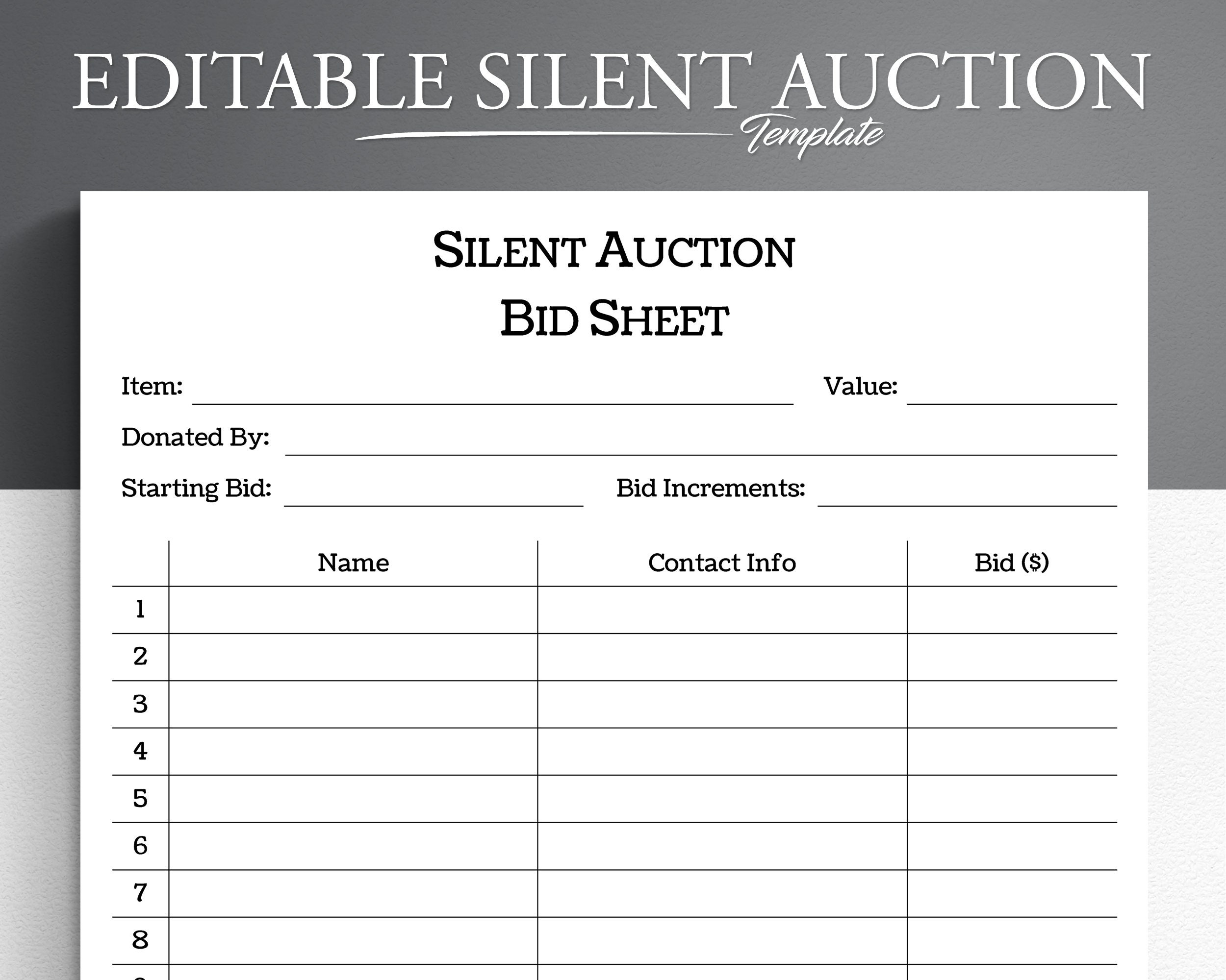 Editable Silent Auction Template Printable Pdf, Word, Google Docs with Free Printable Silent Auction Templates