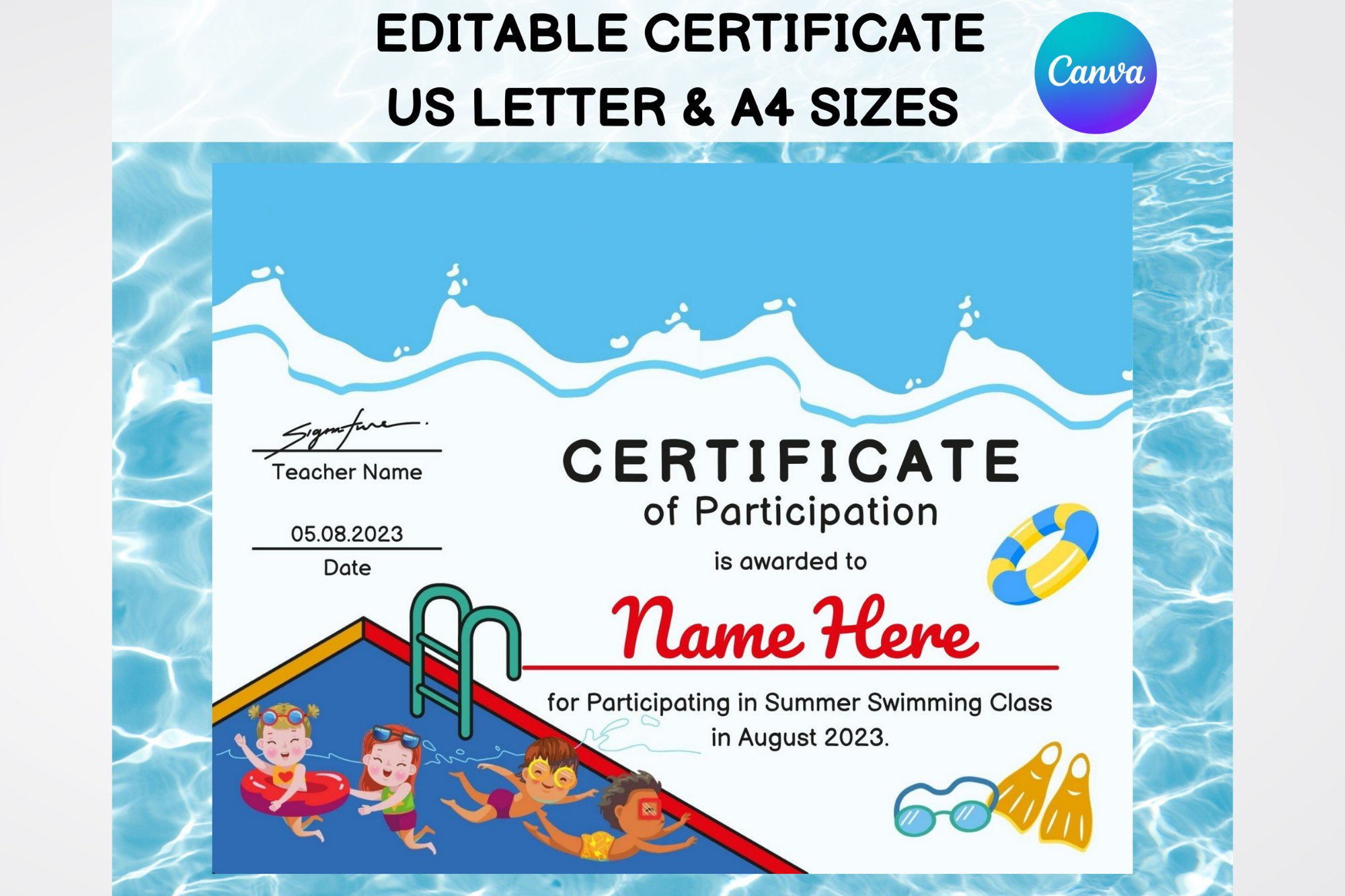 Editable Swimming Certificate Template, Kids Sports Diploma for Free Printable Swimming Certificates for Kids