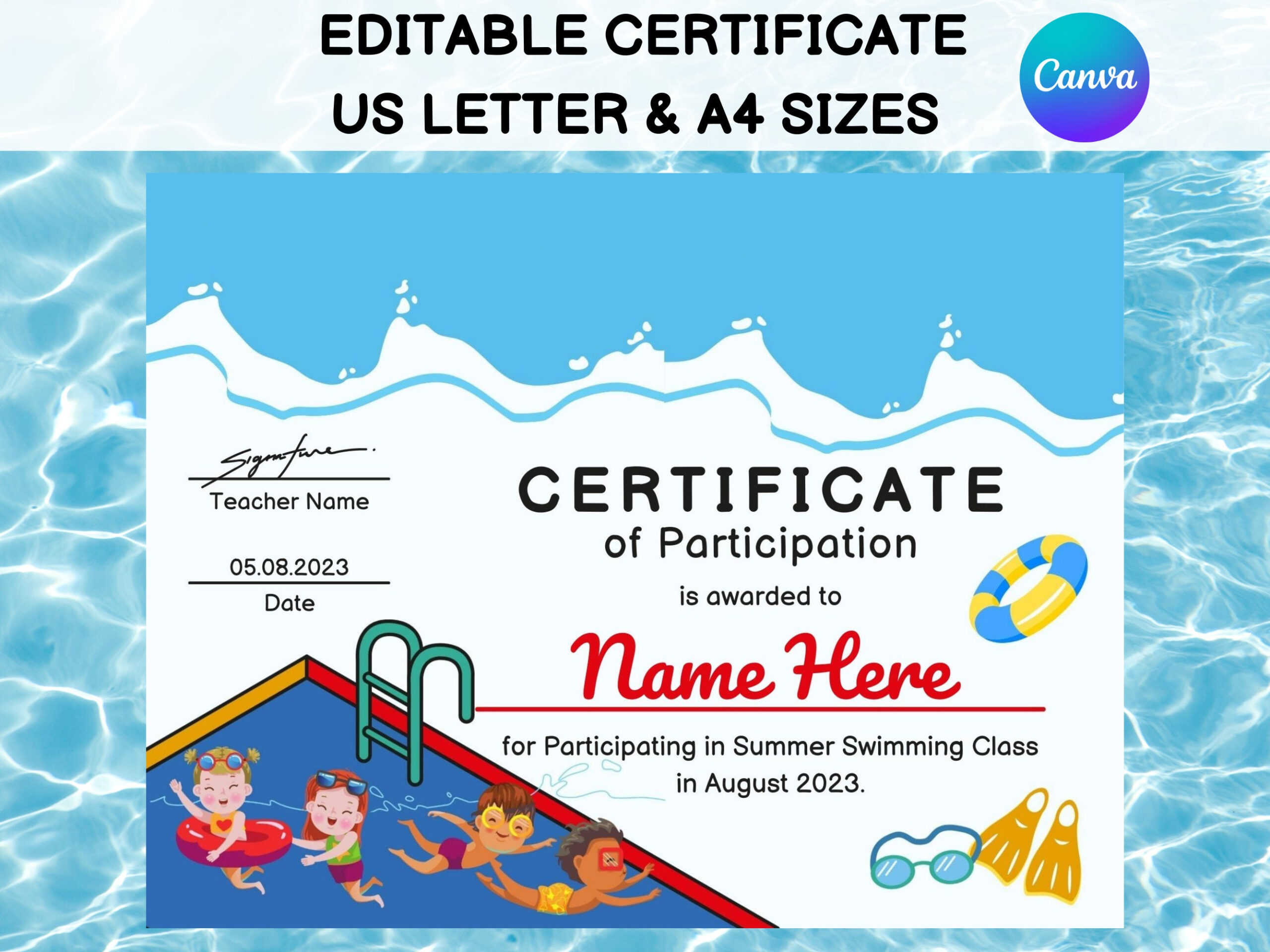 Editable Swimming Certificate Template, Kids Sports Swimming Award inside Free Printable Swimming Certificates for Kids