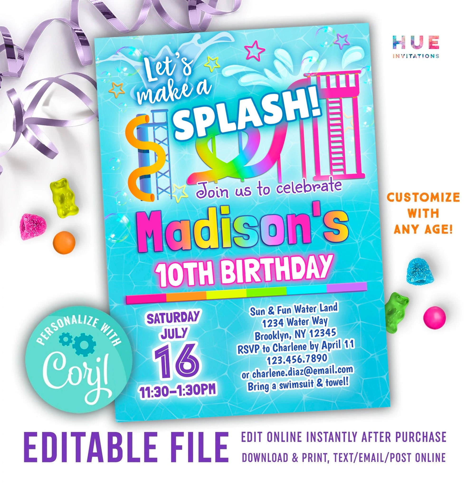 Editable Water Park Birthday Invitation Template | Let&amp;#039;S Make A Splash Girls Waterpark Party Invite | Summer Waterslide Printable Invitation in Free Printable Water Park Birthday Invitations