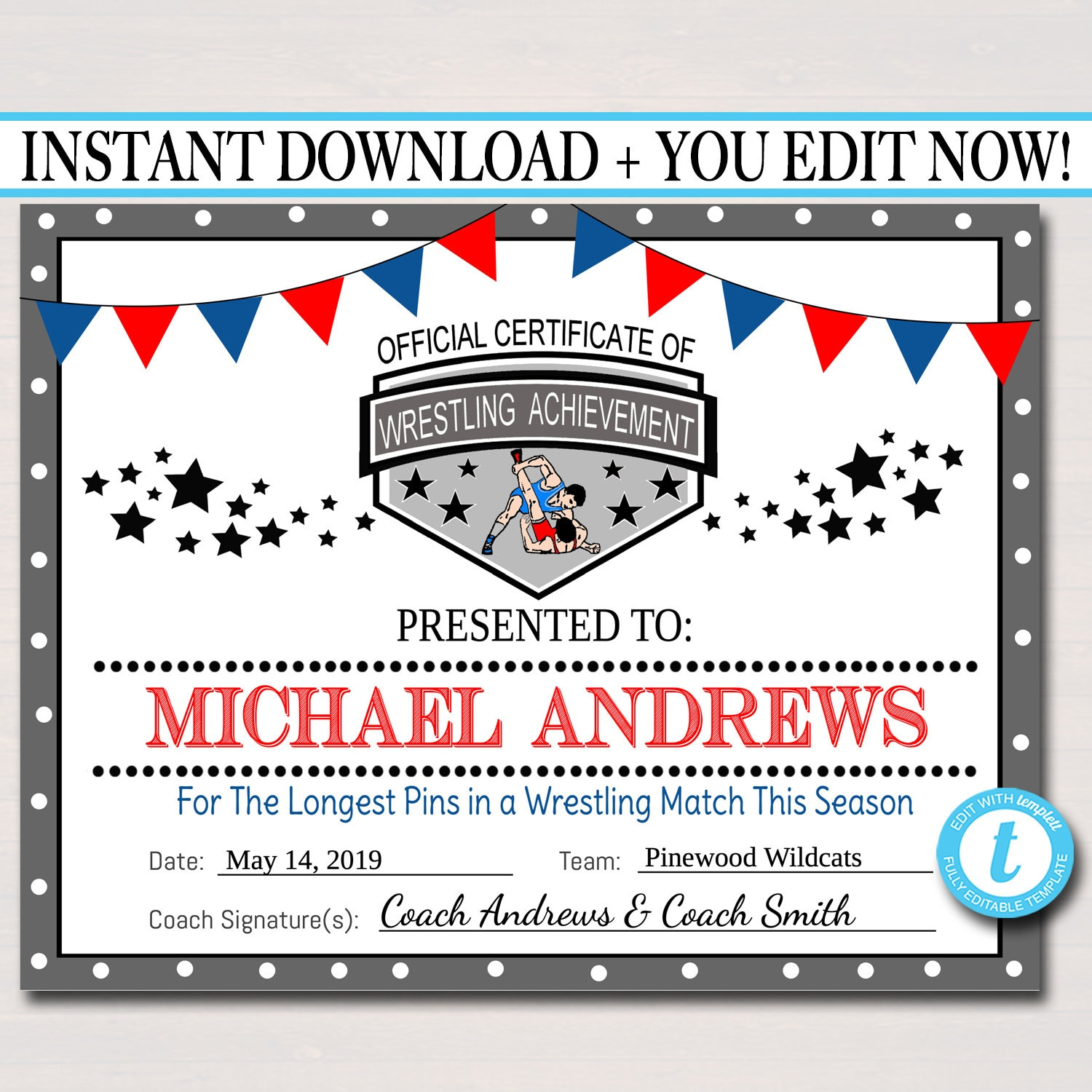 Editable Wrestling Award Certificates, Instant Download Wrestling regarding Free Printable Wrestling Certificates