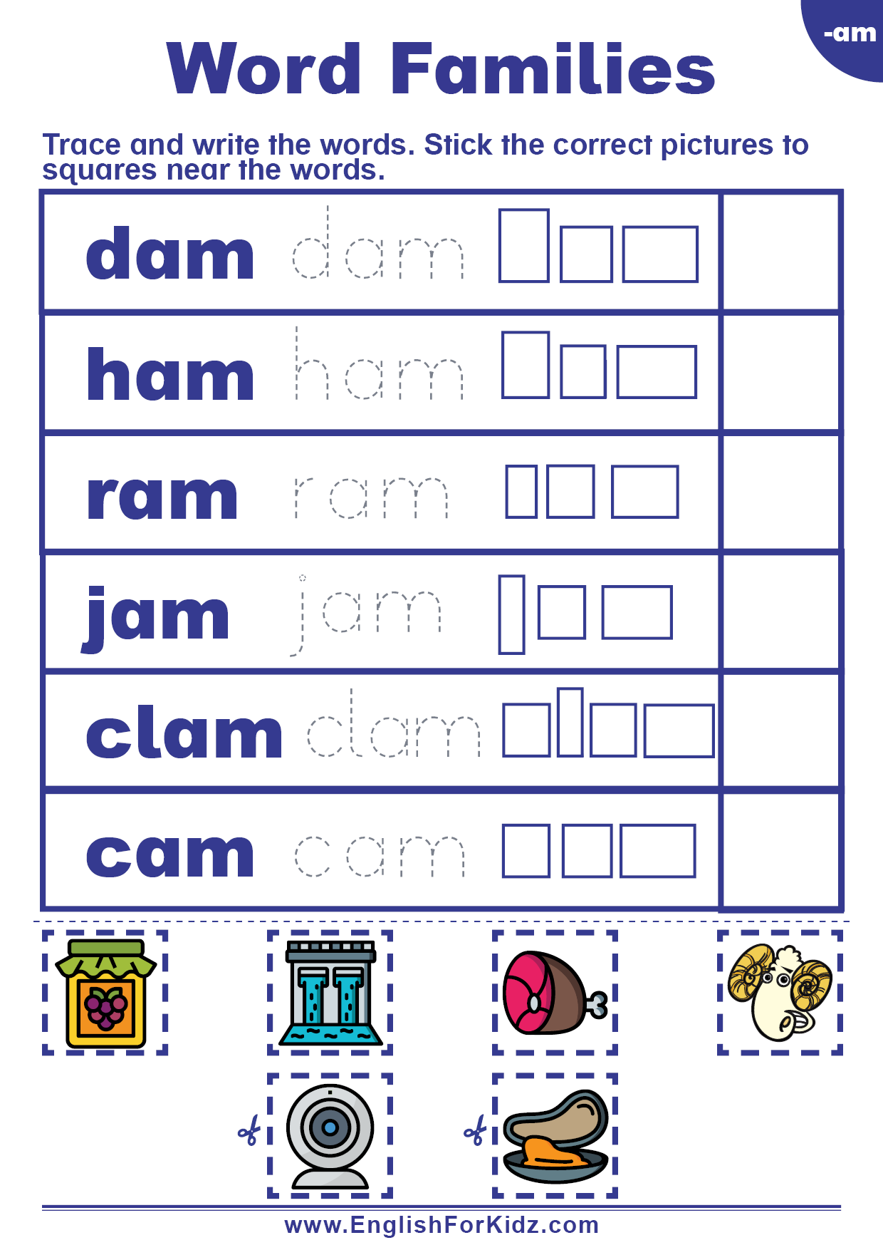 English For Kids Stepstep: Word Families Worksheets: Am Words within Free Printable Word Family Worksheets For Kindergarten