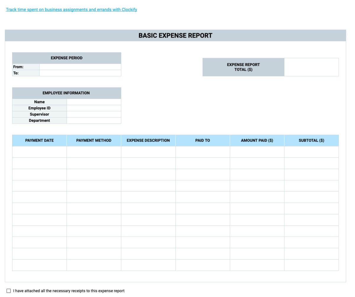 Expense Report Templates - Clockify™ throughout Free Printable Income And Expense Form