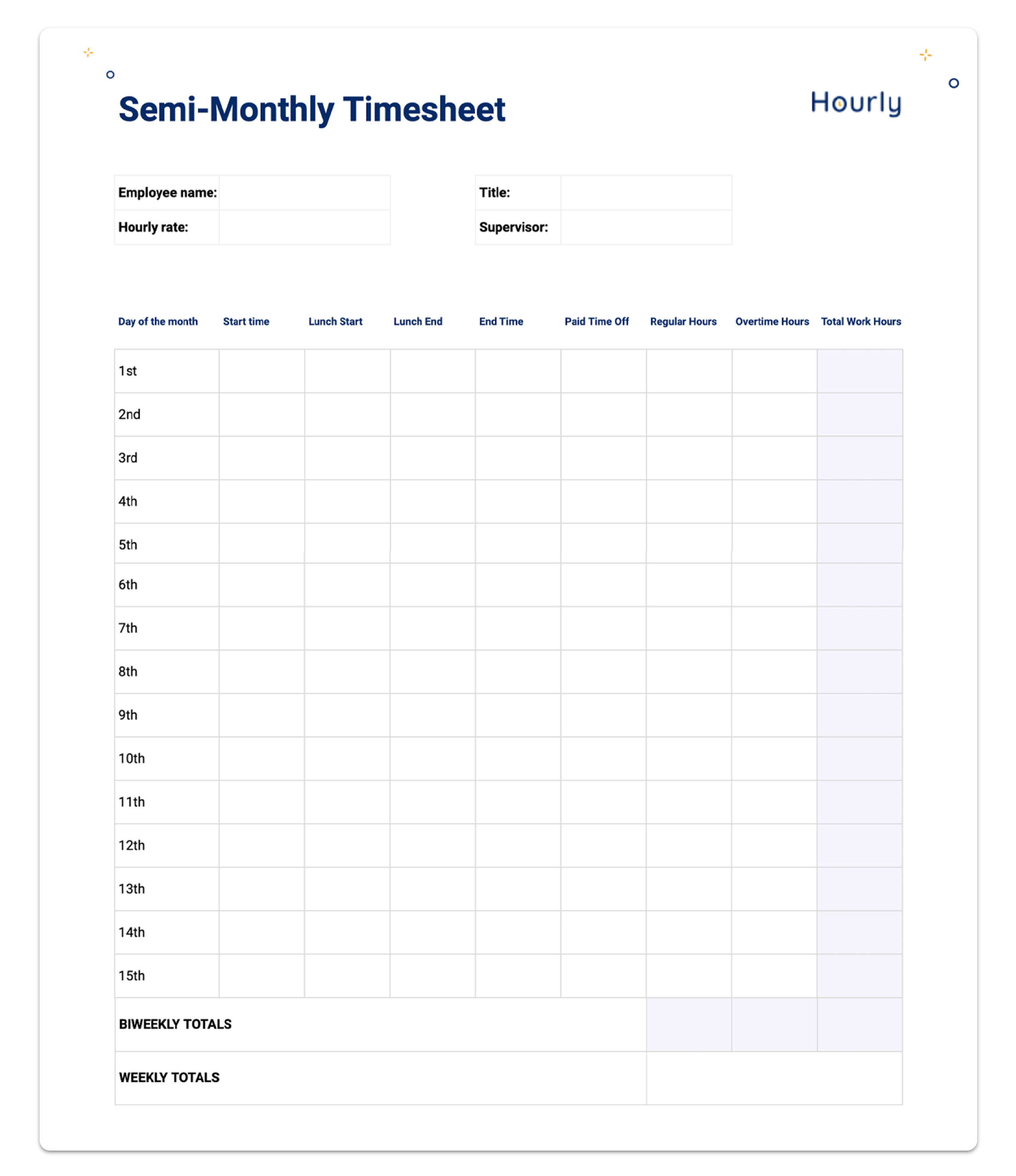 📅 Free Paper Timesheet Templates And Printable Timecards - Hourly within Free Printable Time Tracking Sheets