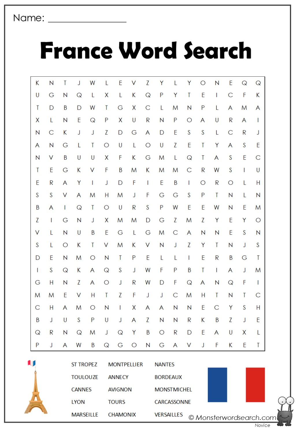 France Word Search - Monster Word Search within French Word Searches Free Printable