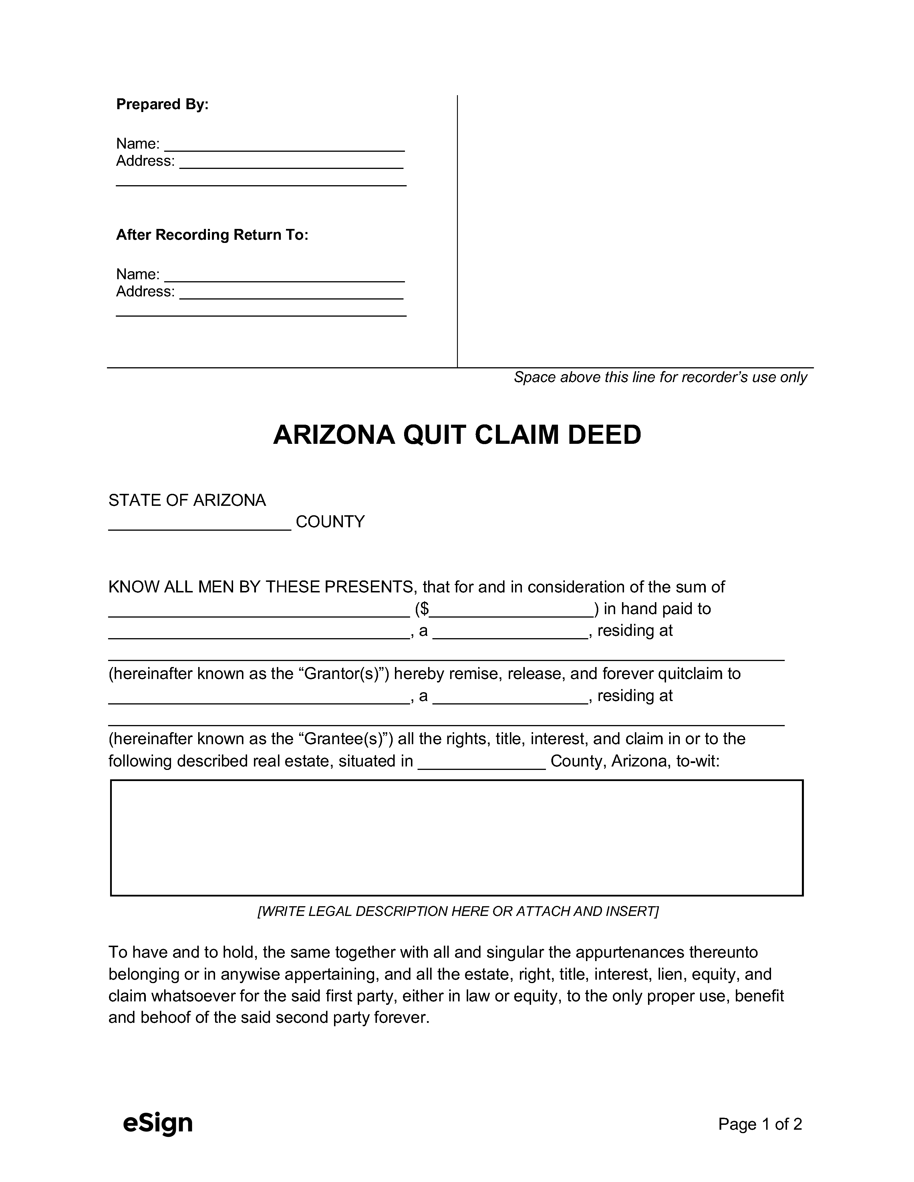 Free Arizona Quit Claim Deed Form | Pdf | Word for Free Printable Quit Claim Deed Form