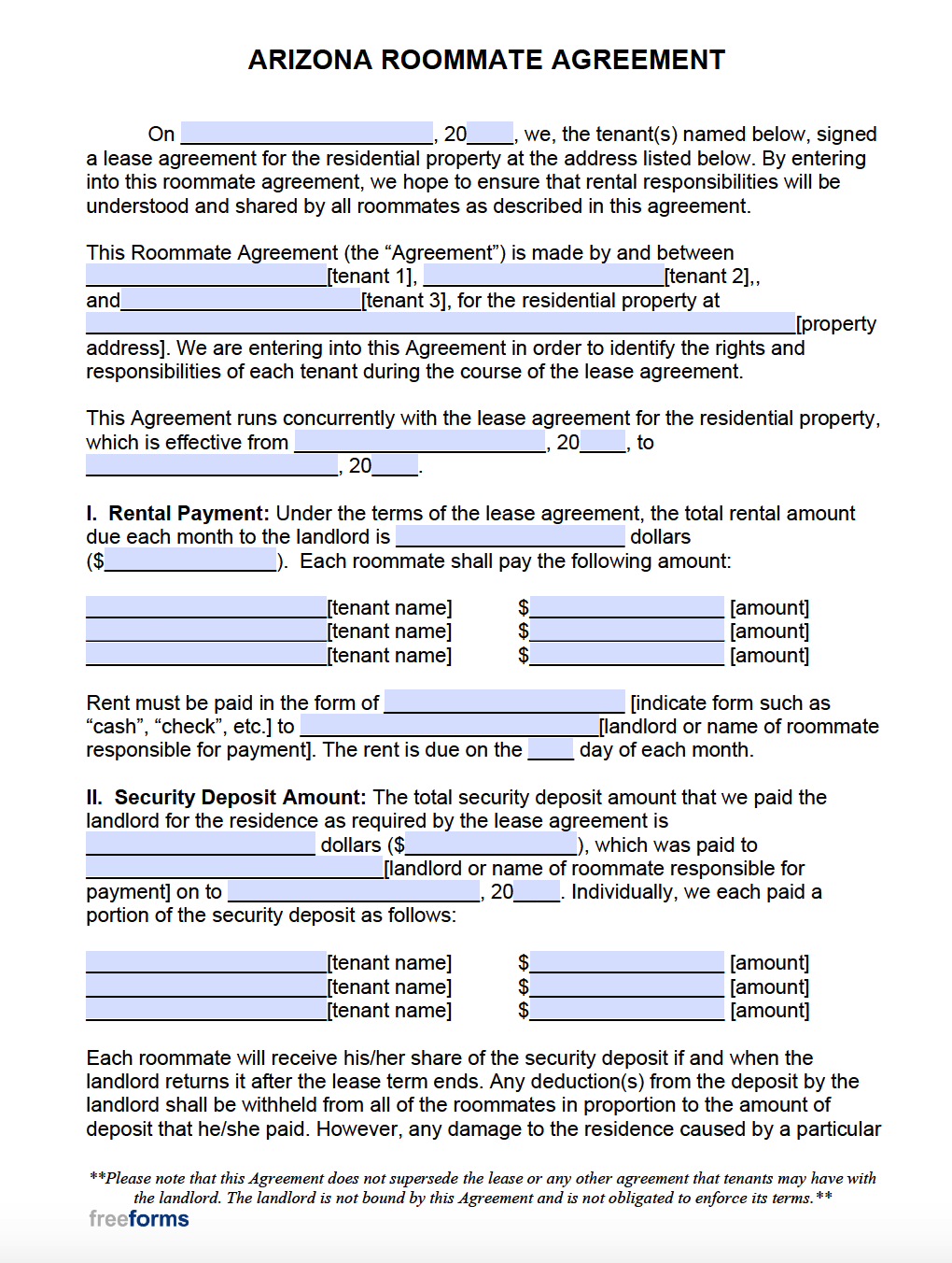 Free Arizona Roommate Agreement Template | Pdf | Word regarding Free Printable Roommate Rental Agreement