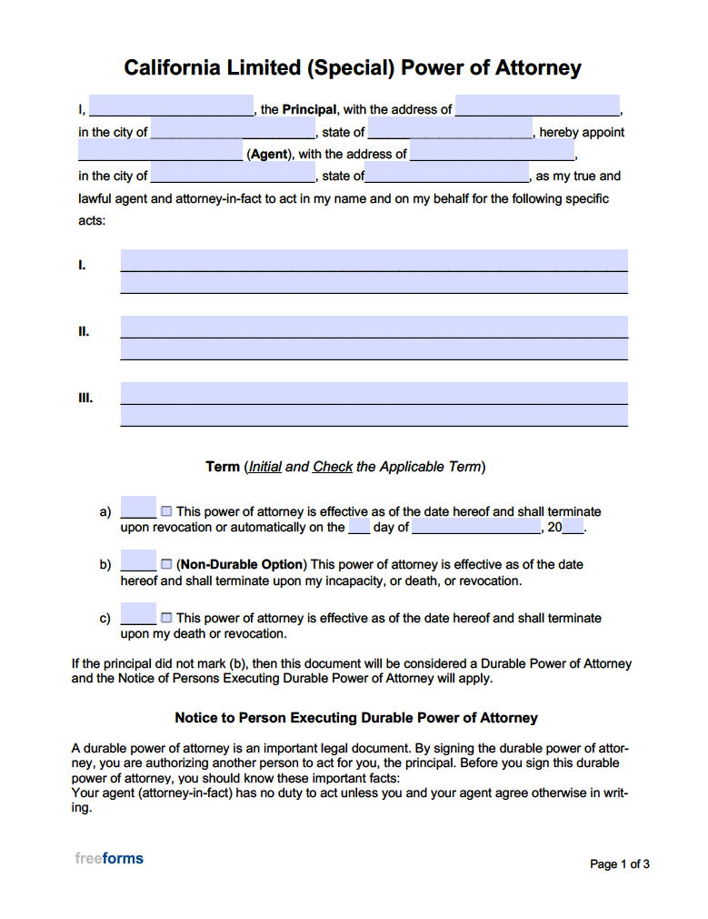 Free California Limited (Special) Power Of Attorney Form | Pdf | Word pertaining to Free Printable Power of Attorney Form California