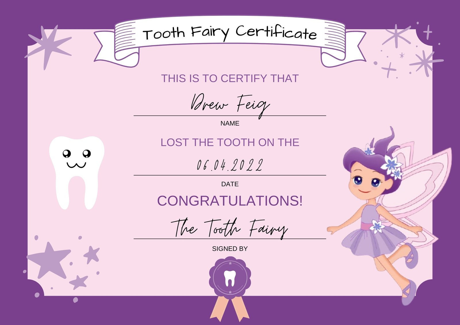 Free Customizable Tooth Fairy Certificate Templates | Canva regarding Free Printable Notes From The Tooth Fairy