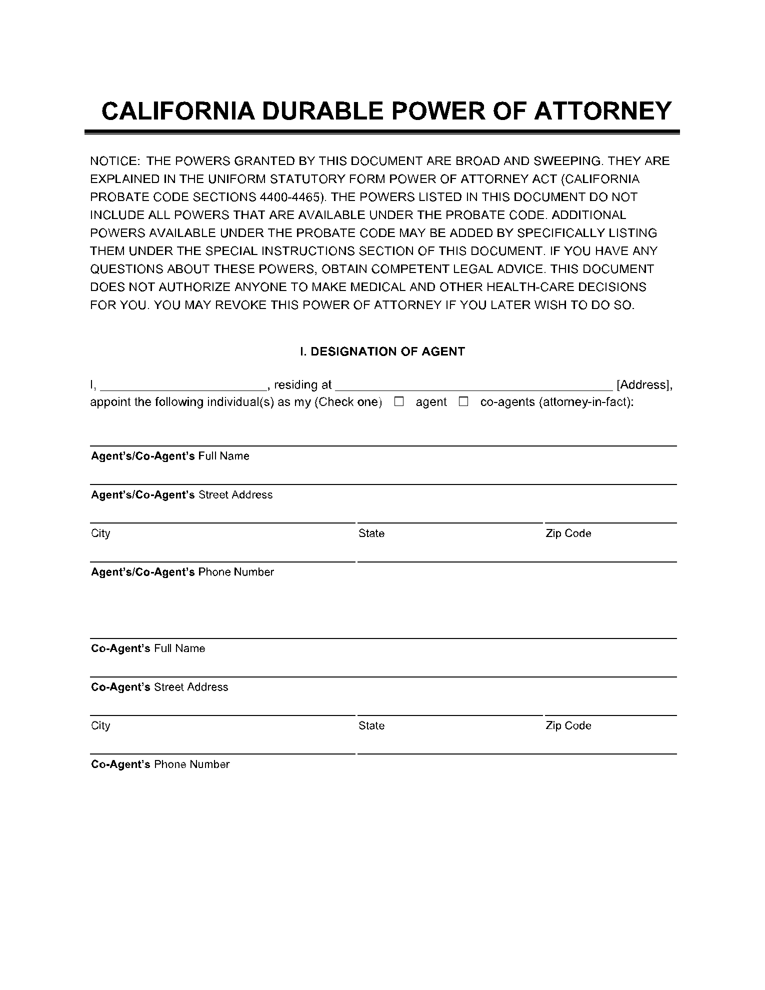 Free Durable California Power Of Attorney Forms (Pdf) | Cocosign pertaining to Free Printable Power of Attorney Form California