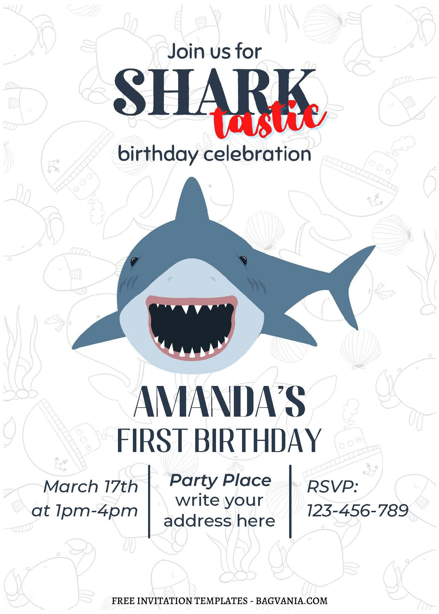 Free Editable Pdf) Simple Shark Themed Birthday Invitation regarding Shark Invitations Free Printable