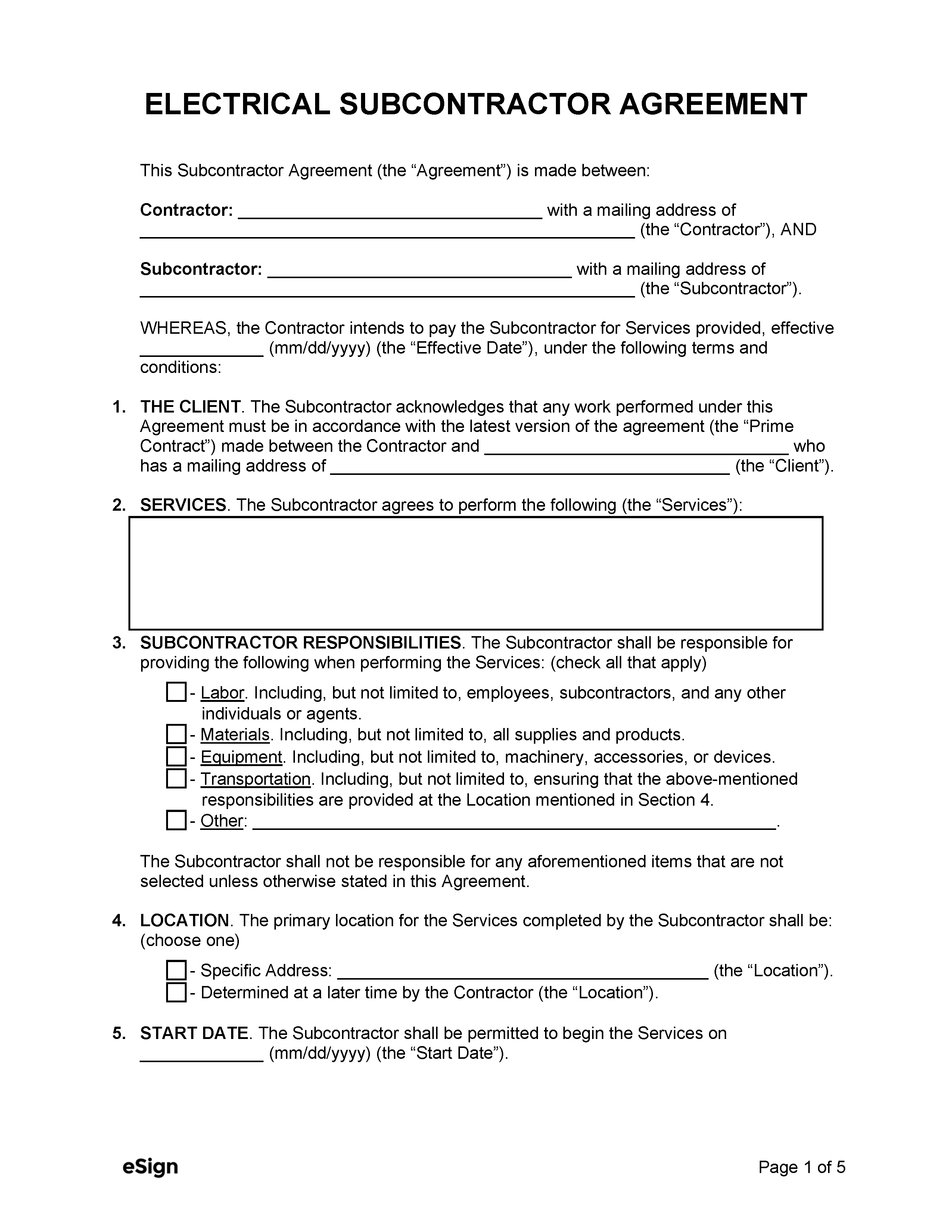 Free Electrical Subcontractor Agreement Template | Pdf | Word within Free Printable Subcontractor Agreement