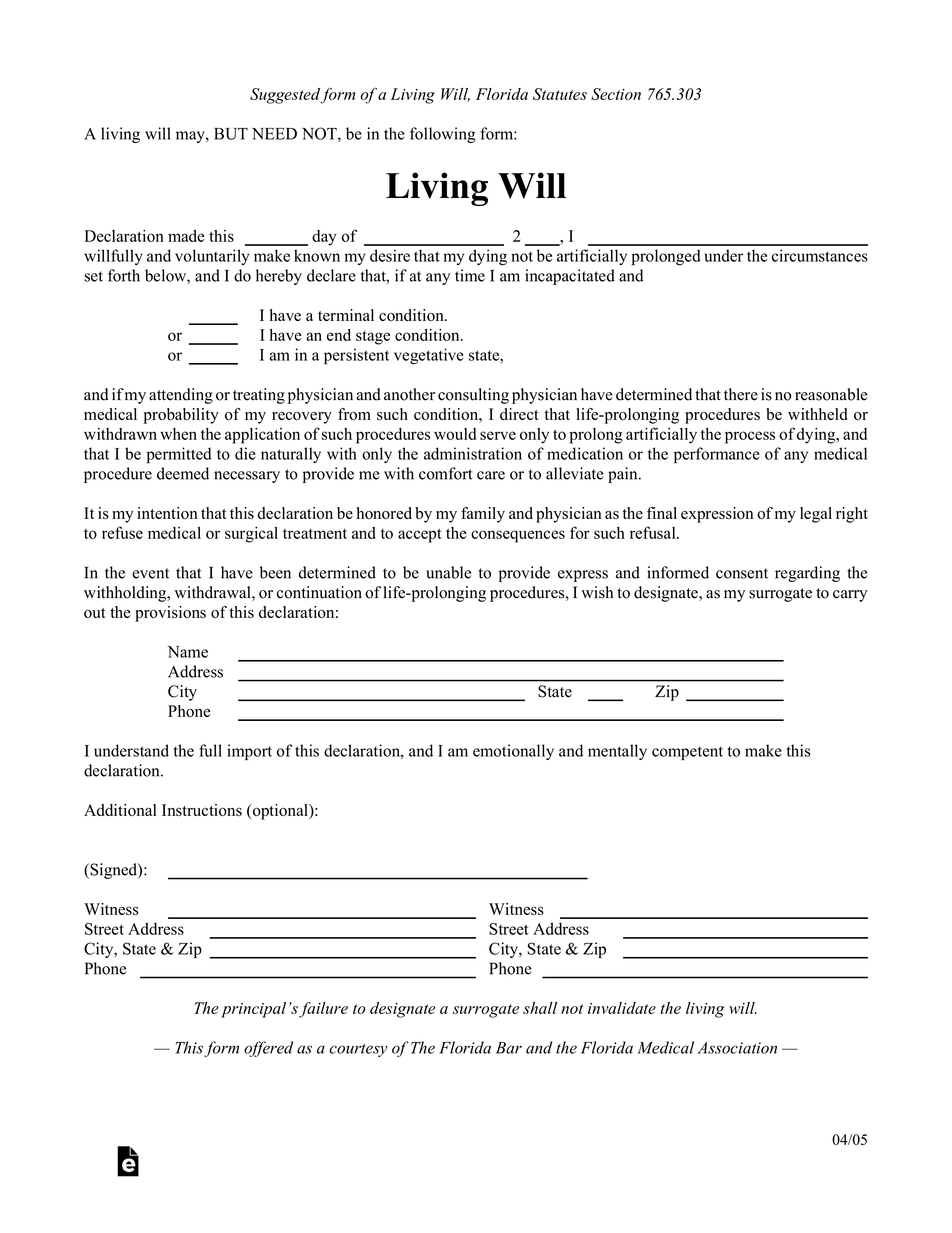 Free Florida Living Will Form Template - Pdf – Eforms throughout Free Printable Living Will Forms Florida