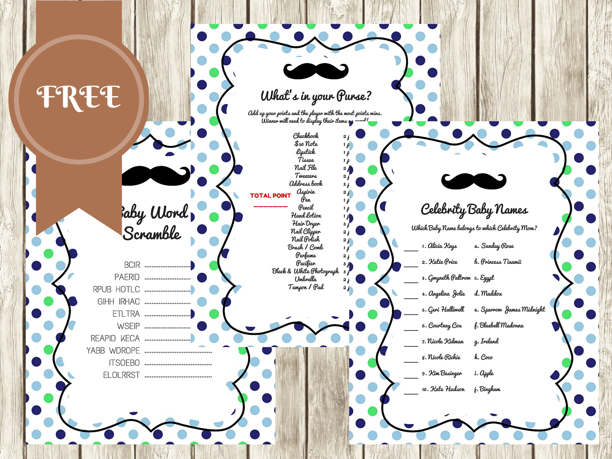 Free Green Blue Baby Shower Games - Magical Printable with regard to Name That Mustache Game Printable Free