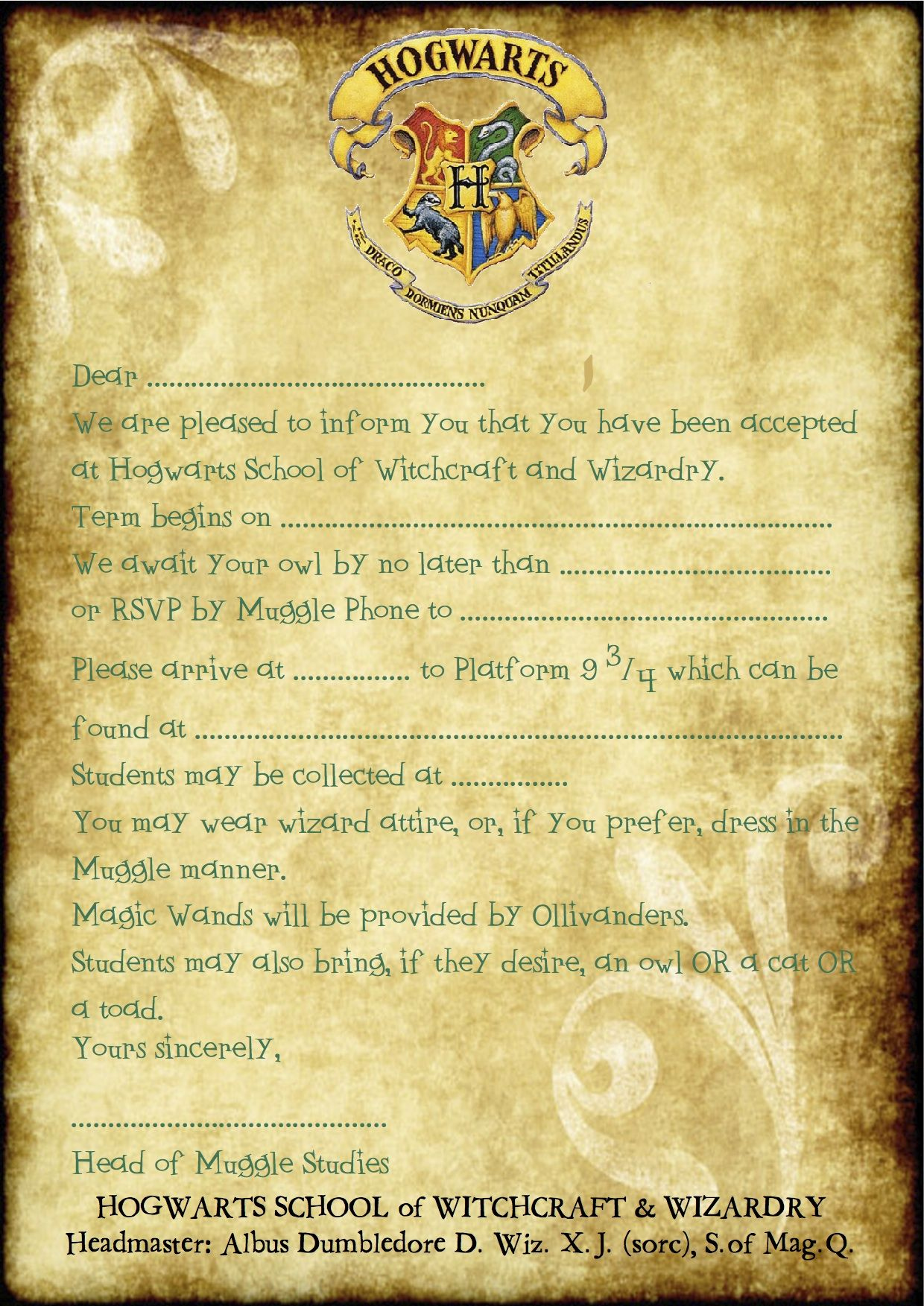 Free Harry Potter Party Printable Invitation (A4) | Harry Potter inside Hogwarts Acceptance Letter Template Free Printable