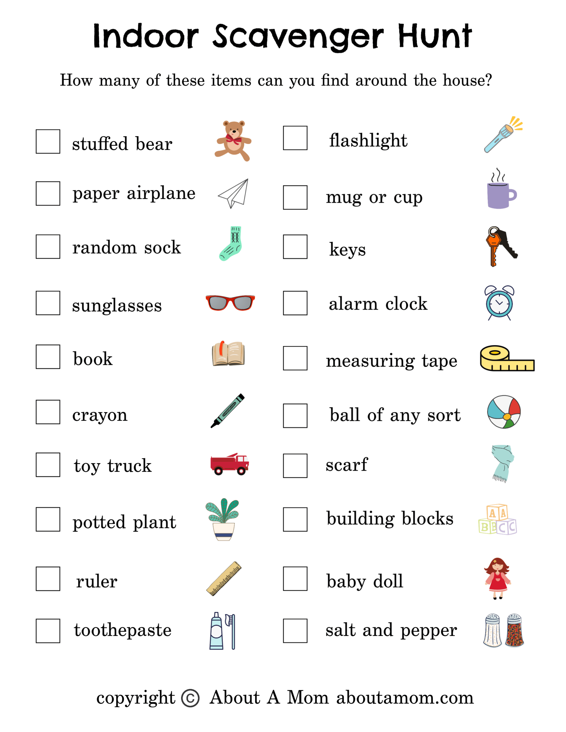 Free Indoor Scavenger Hunt Printable - About A Mom intended for Free Printable Scavenger Hunt For Kids