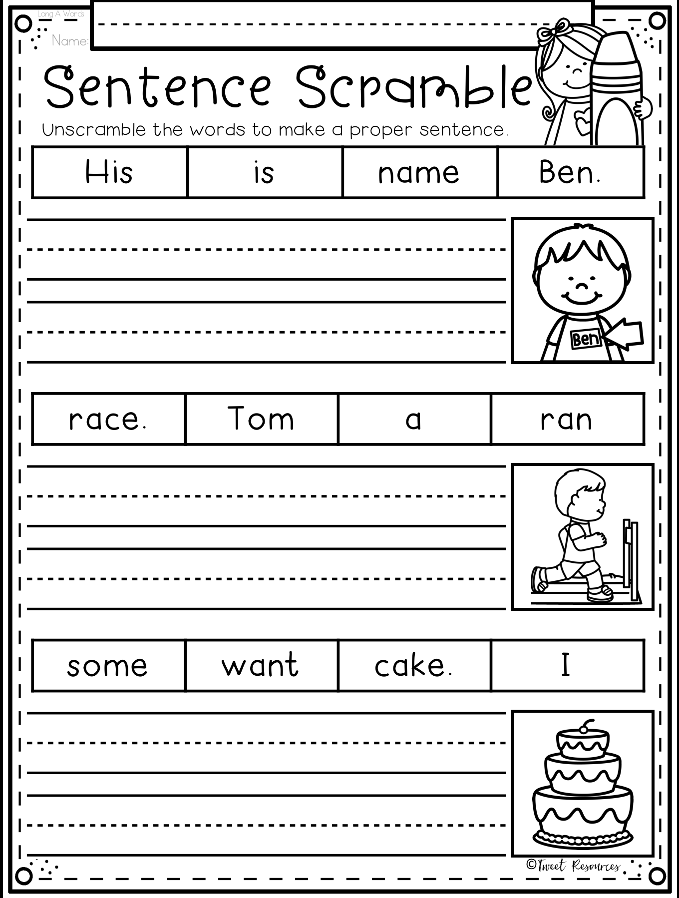 Free Kindergarten Scrambled Sentences Worksheets inside Free Printable Scrambled Sentences Worksheets