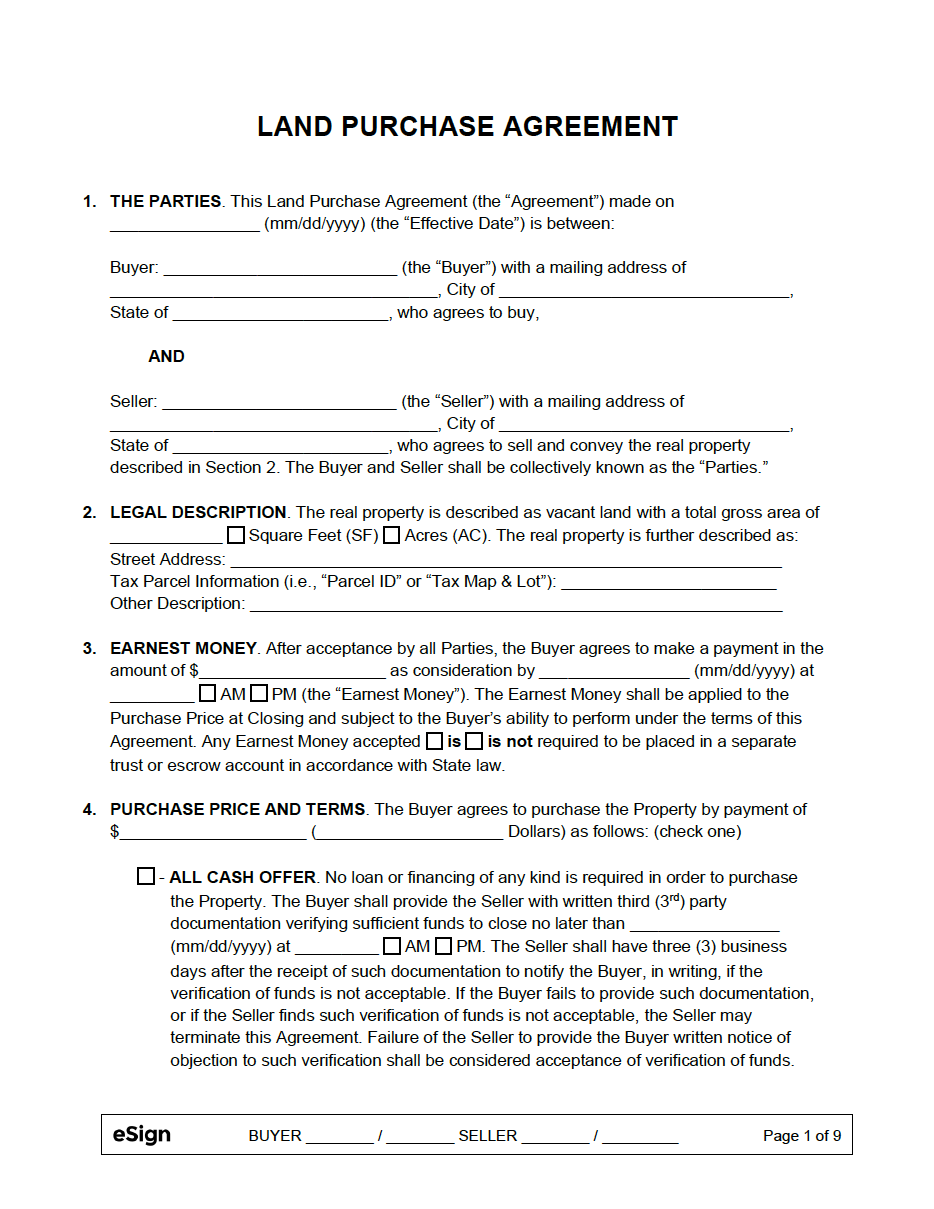 Free Land Purchase Agreement | Pdf | Word intended for Free Printable Land Contract Forms