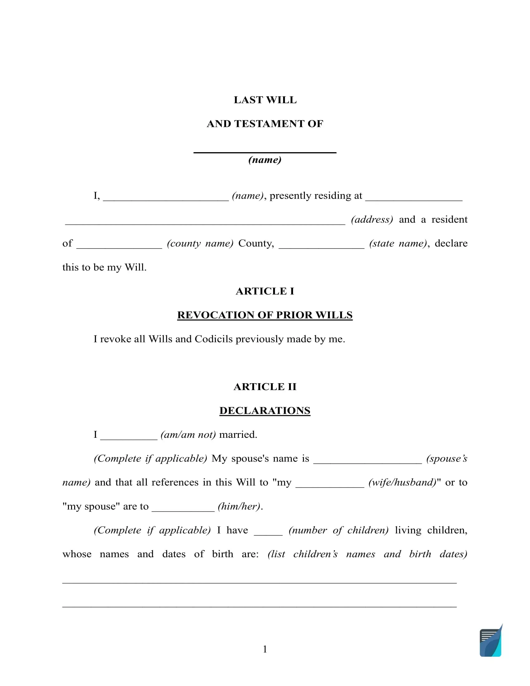 Free Last Will And Testament Template ⇒ Will Forms In Pdf And Doc intended for Free Printable Wills