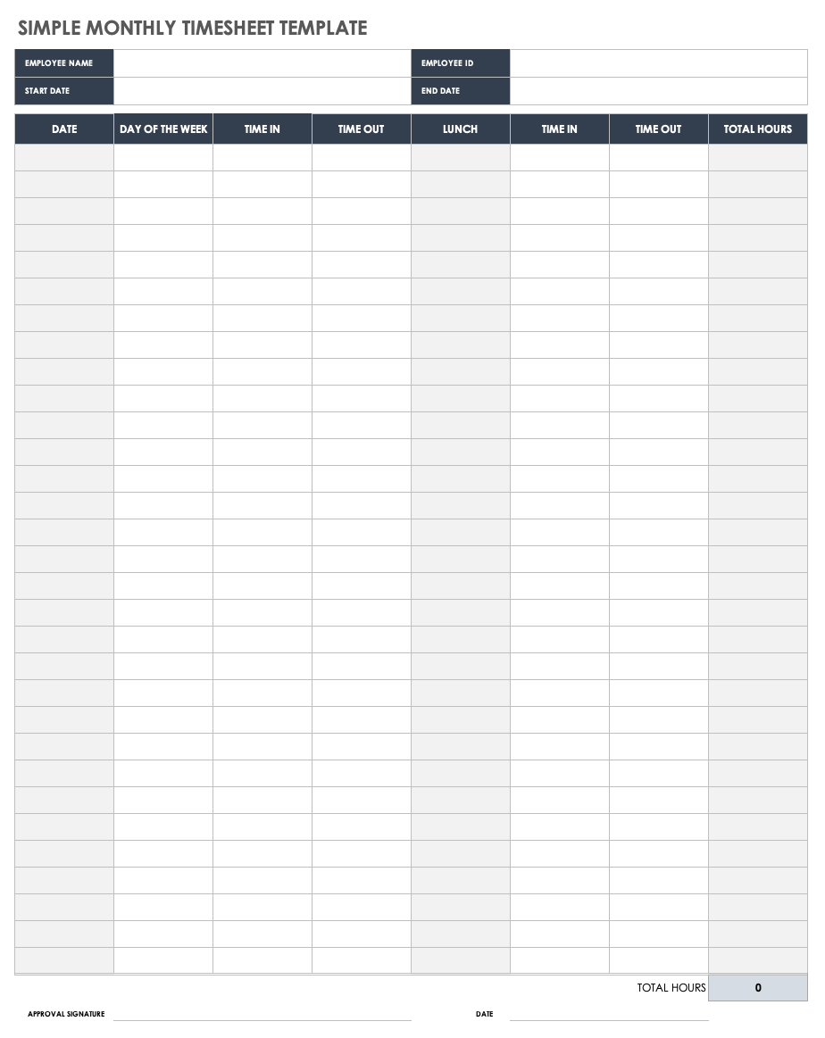 Free Monthly Timesheet &amp;amp; Time Card Templates | Smartsheet within Monthly Timesheet Template Free Printable